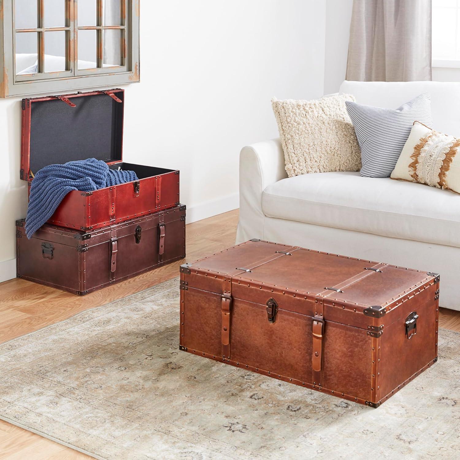 Vintage Brown and Red Leather Storage Trunks, Set of 3