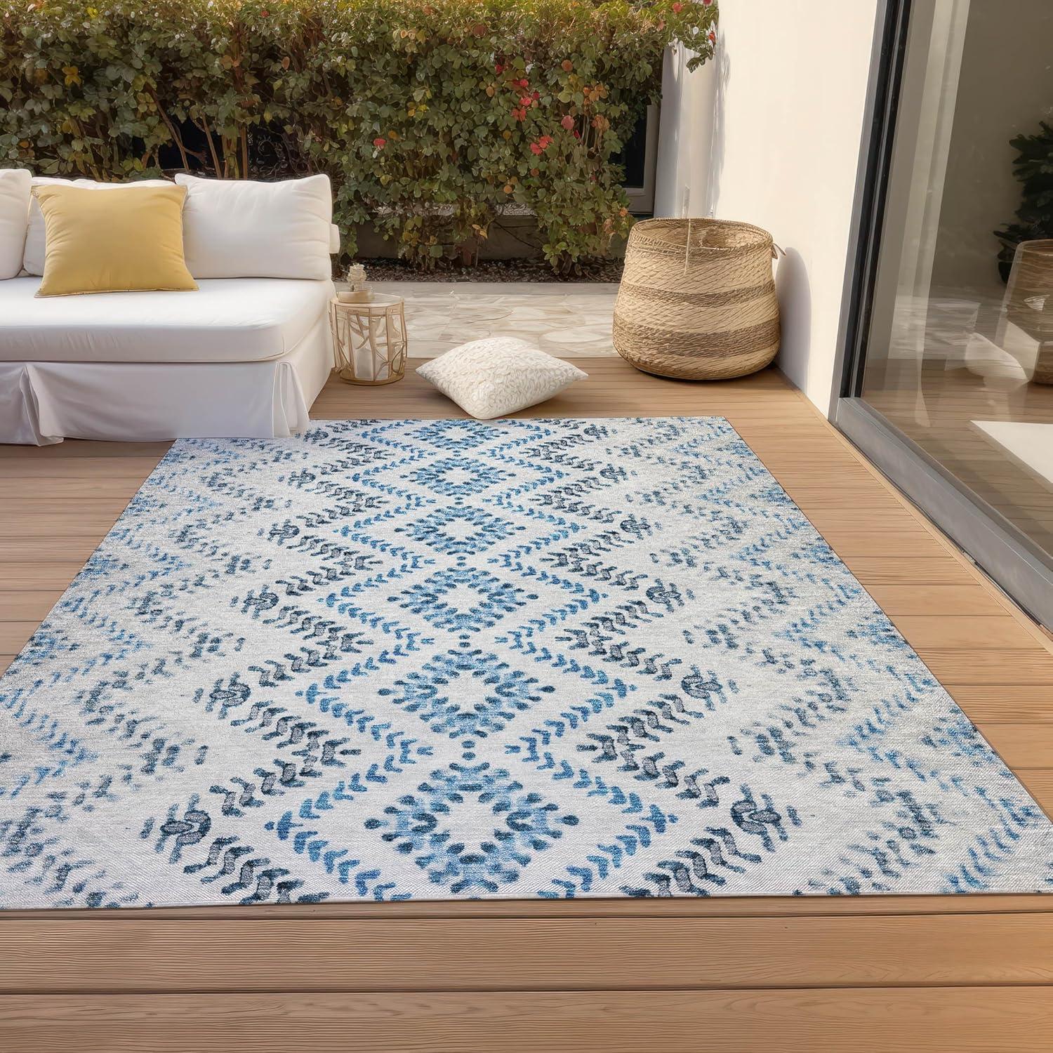 Blue and White Rectangular Washable Synthetic Area Rug