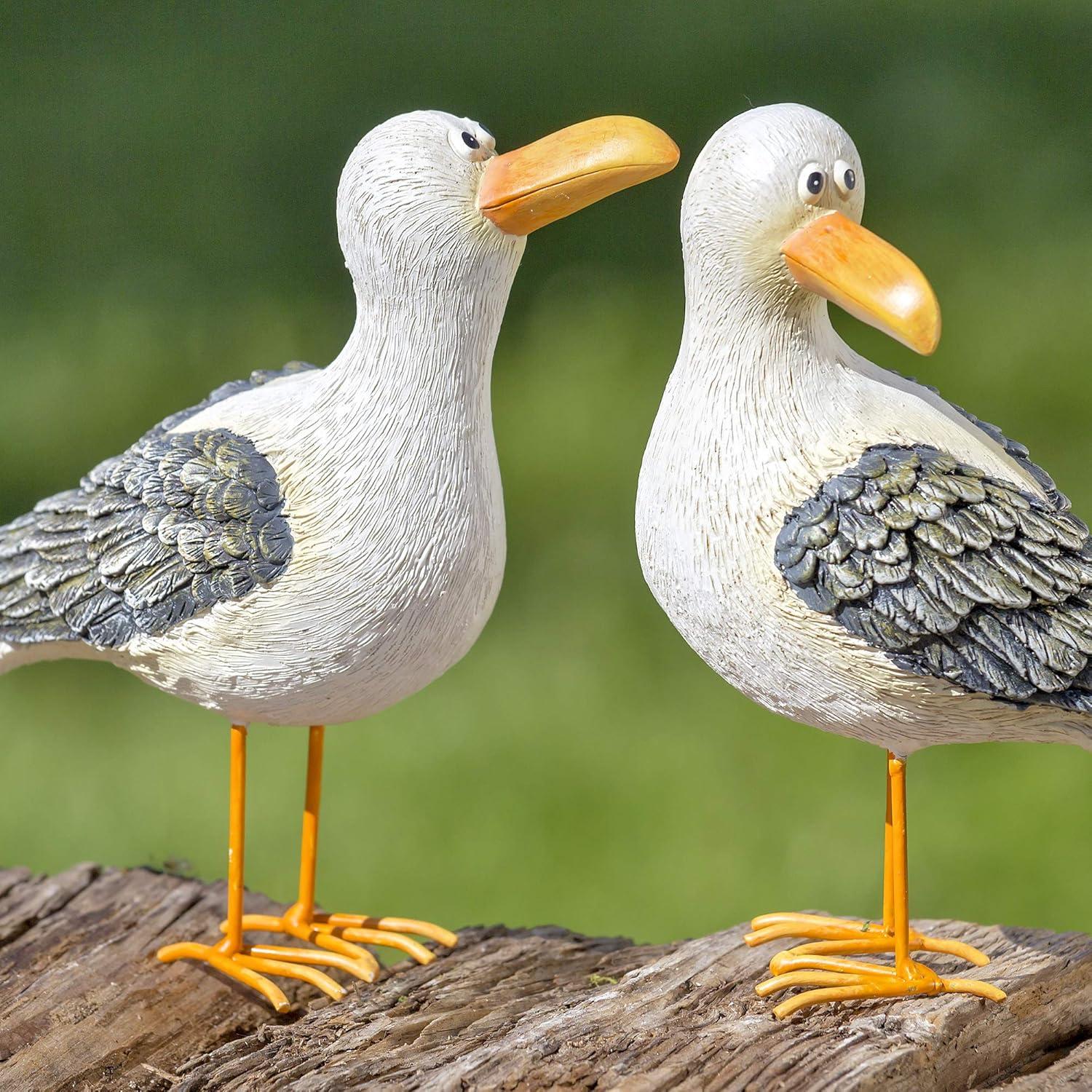 2 Piece Sea Gulls, Bird Figurine Set, White, Gray, and Orange, Handcrafted, Painted, Cast Poly Resin,  Iron Legs, 7.0 L x 2.75 W x 6.0 H Inches