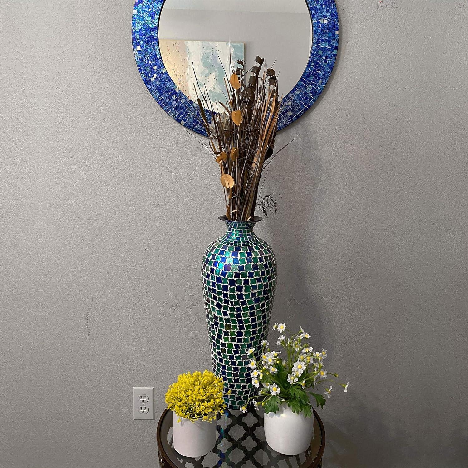 Mosaic Vase, 20 Inch Floor Vase, Decorative Tall Vase for Home Decor Geometric Pattern Metal Vase with Glass Mosaic- Blue and Turquoise Tessellation Pattern