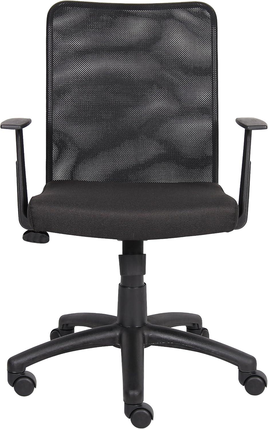 Budget Mesh Task Chair with T-Arms Black - Boss Office Products: Swivel, Adjustable Height, Nylon Base