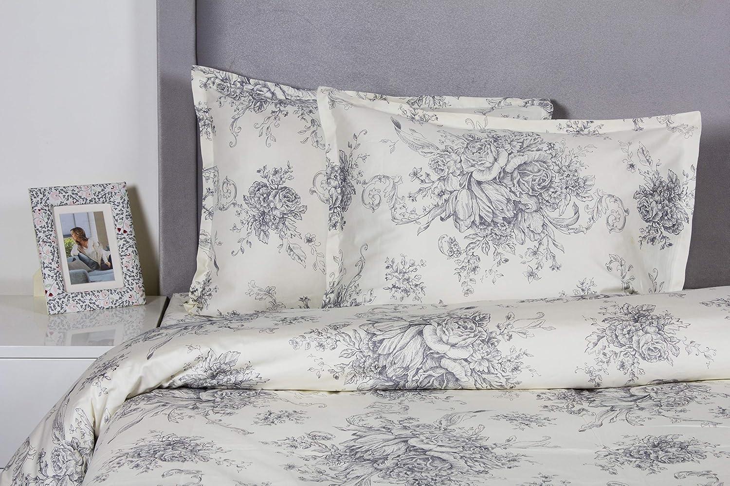 Melange Home Printed Design Cotton Collection 400 Thread Count Light Blue Toile Duvet Set King - Cal King 3 Piece
