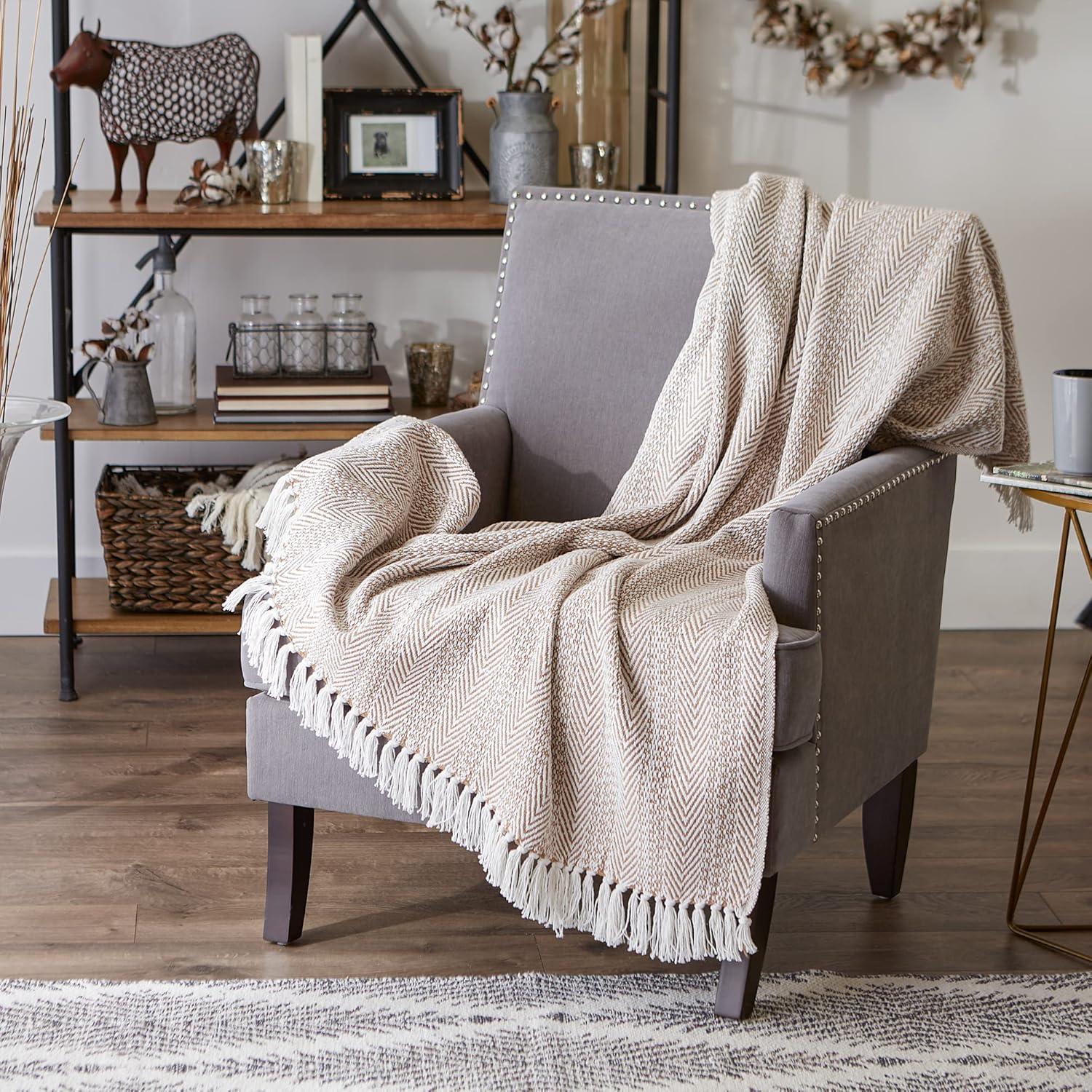 Stone Herringbone Stripe Throw