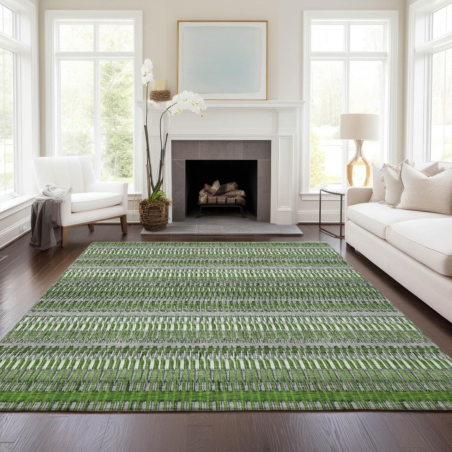 Green and Gray Striped 10' x 14' Synthetic Indoor Outdoor Rug