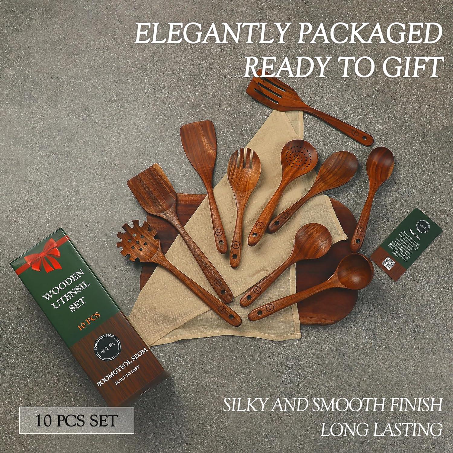 Wooden Spoons for Cooking, 10 Pcs Teak Wood Cooking Utensil Set ‚ Wooden Kitchen Utensils for Nonstick Pans & Cookware ‚ Sturdy, Lightweight & Heat Resistant