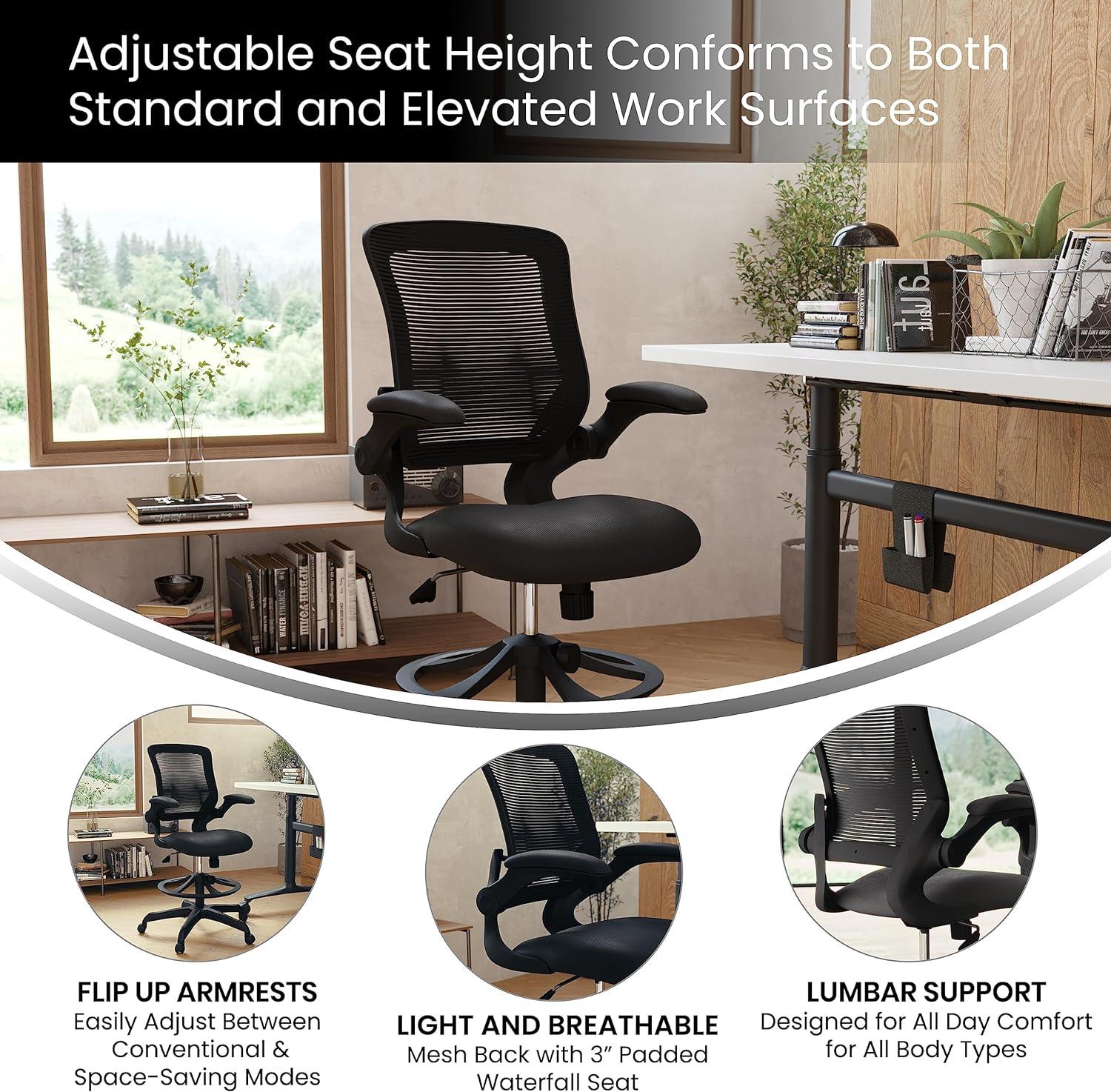 Flash Furniture Mid-Back Mesh Ergonomic Drafting Chair with Adjustable Foot Ring and Flip-Up Arms