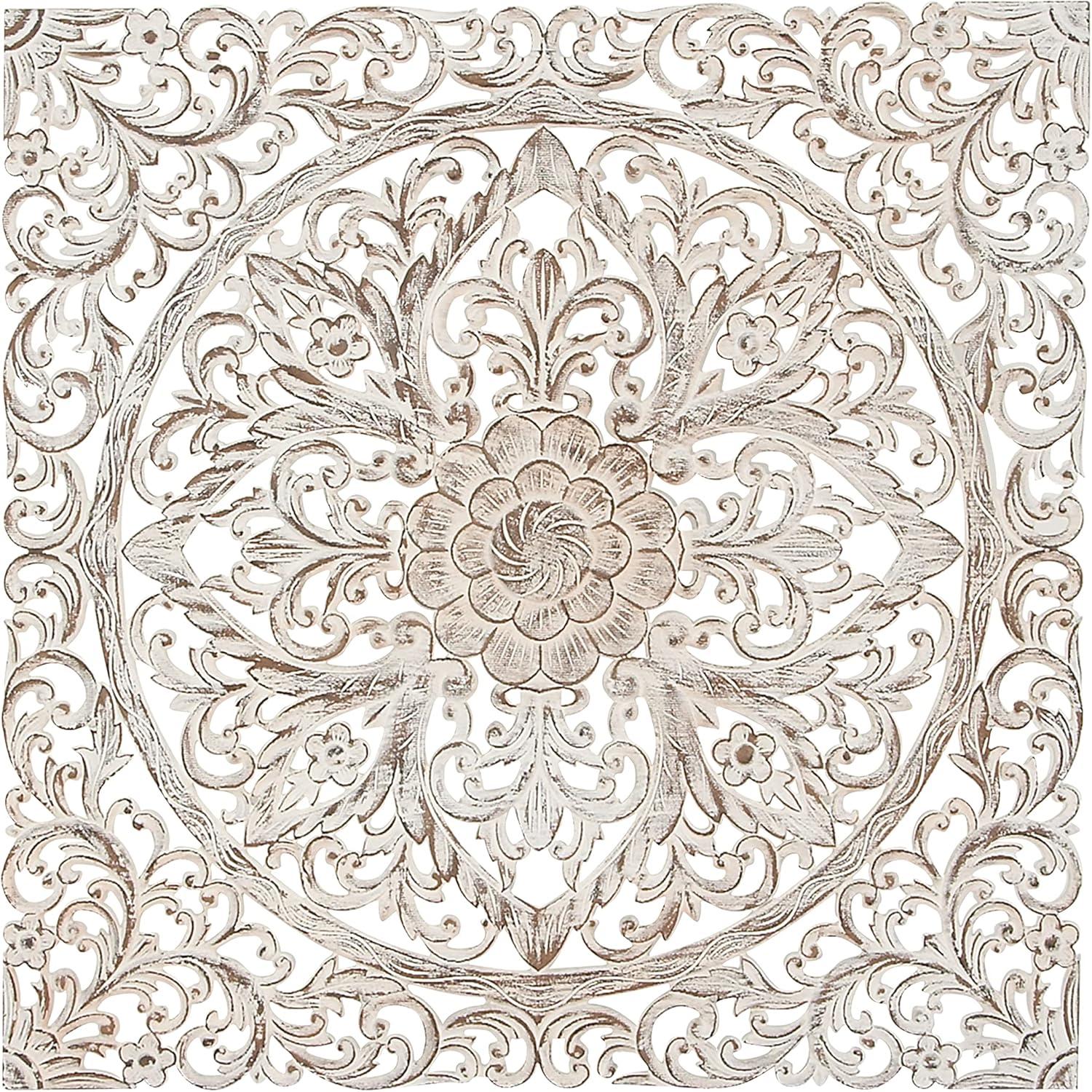 Wood Floral Handmade Intricately Carved Wood Wall Decor with Mandala Design Brown - Olivia & May: Traditional Style, Botanical Art