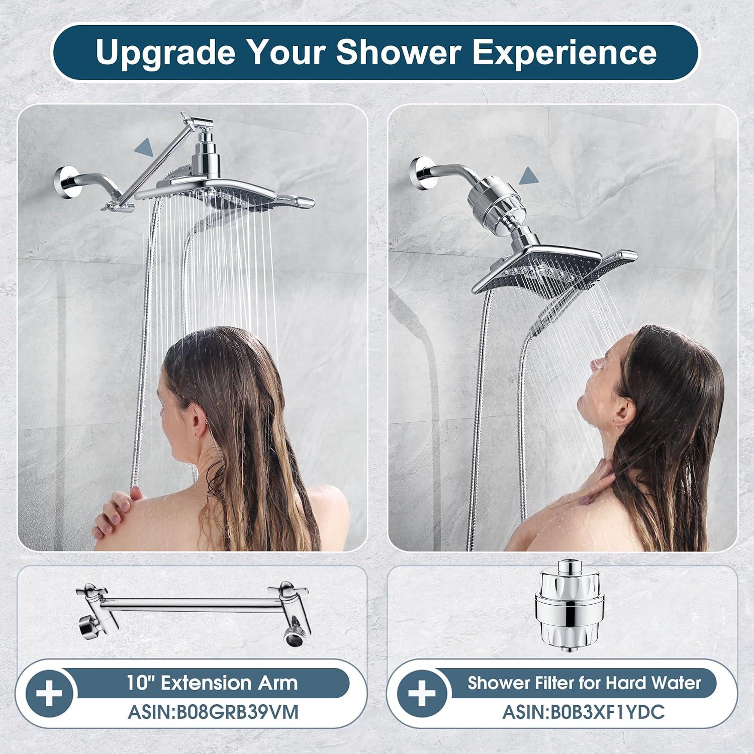 BRIGHT SHOWERS Dual Shower Head Combo Set, Handheld Showerhead Rainfall Shower Head Combo with Black Face, 60 Inch Long Stainless Steel Shower Hose, Chrome