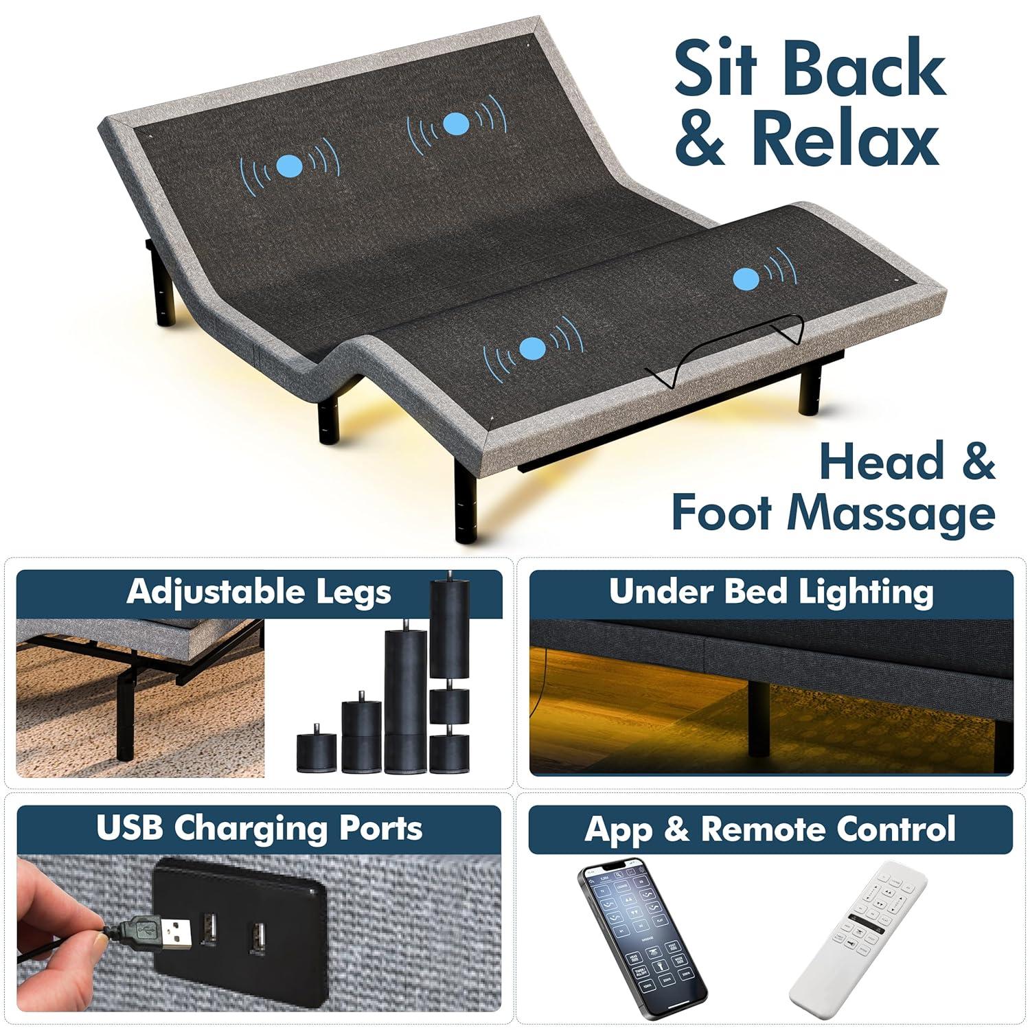 Renanim Serenityflex Adjustable Base & Hybrid Mattress – Split King-Size Adjustable Base with 12 in. Cooling Gel Mattress, Massage, USB Ports, Remote & Under-Bed Light – Reclining Electric Bed Frame