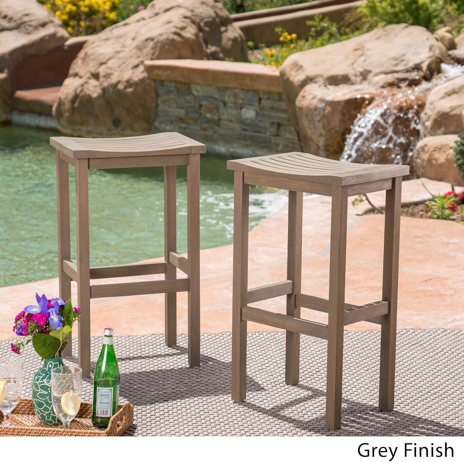 Cassie Outdoor 30 Inch Acacia Wood Barstools, Set of 2, Grey Finish