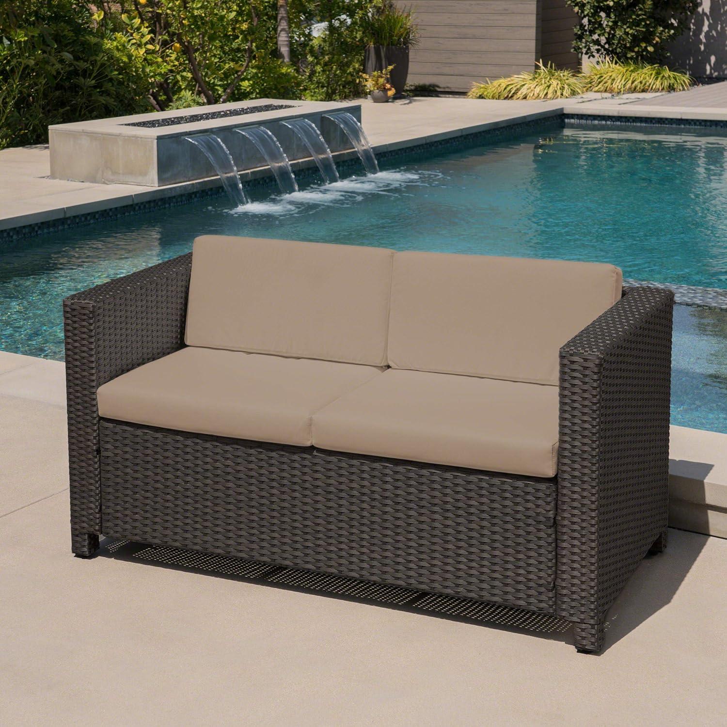 Lorelei Outdoor Wicker Loveseat with Cushions, Dark Brown and Beige