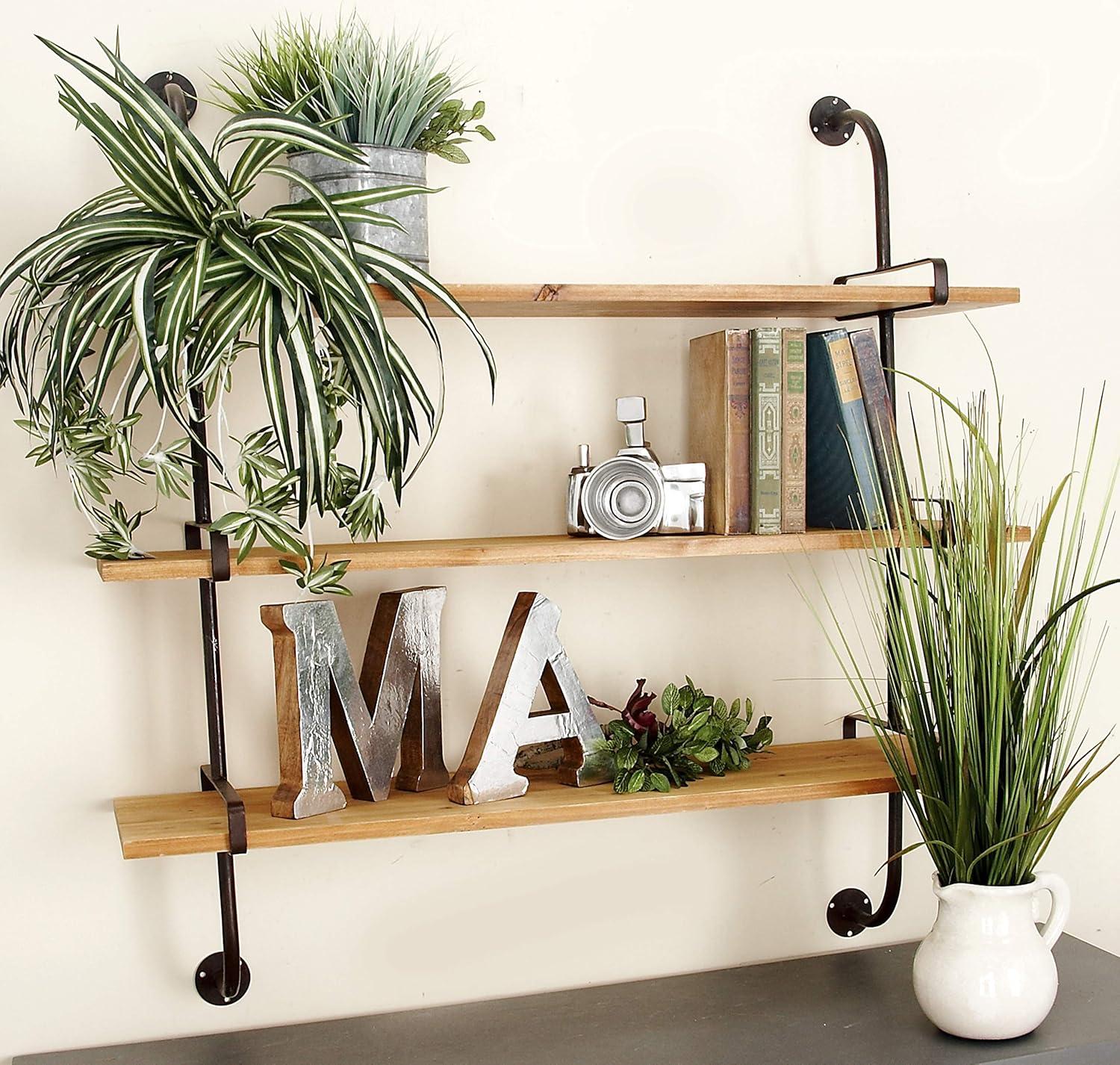 Wood 3 Level Wall Shelf with Black Metal Brackets