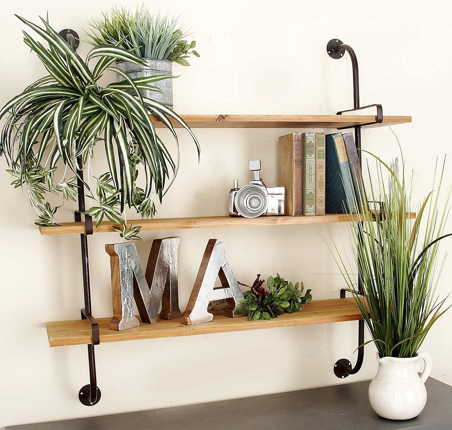 Wood 3 Level Wall Shelf with Metal Brackets