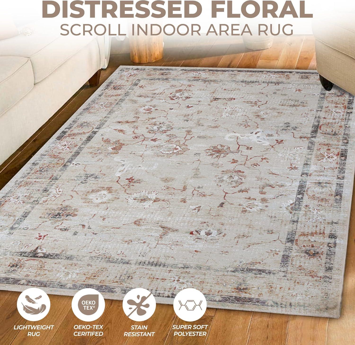 Superior Swan Floral Non-Slip Washable Indoor Area Rug, 4' x 6', Cream