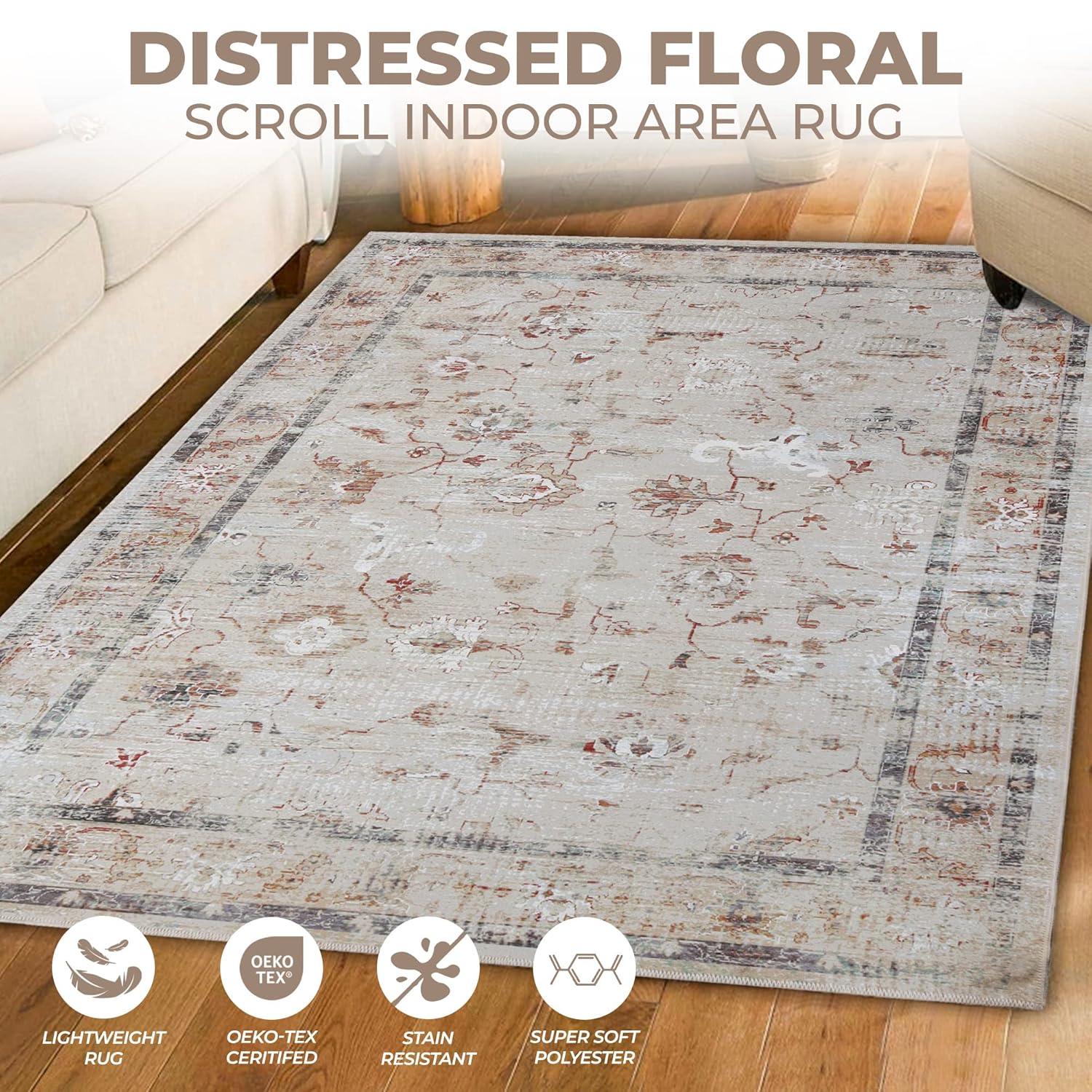 Superior Swan Floral Non-Slip Washable Indoor Area Rug, 4' x 6', Cream