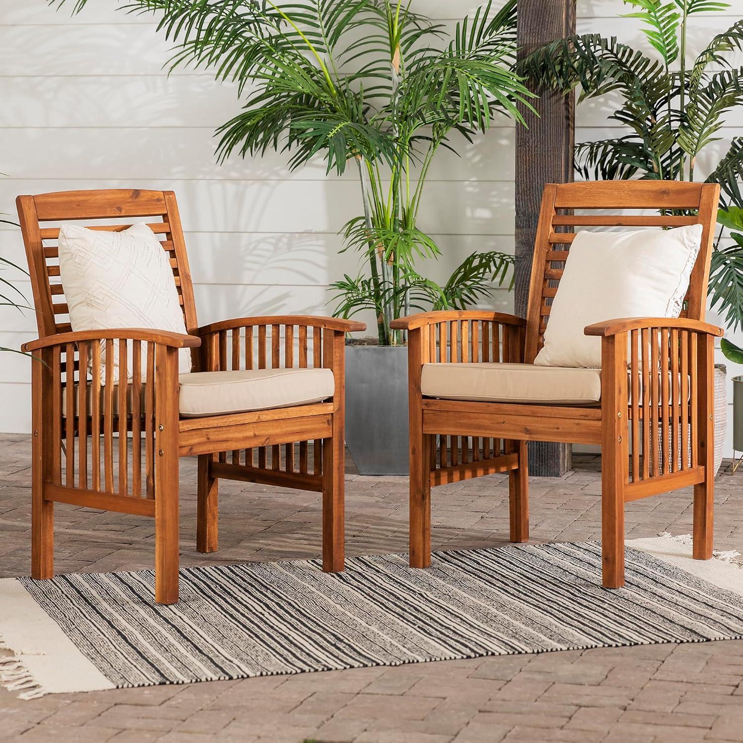 Wood Patio Chairs in Brown with Cushion - Set of 2