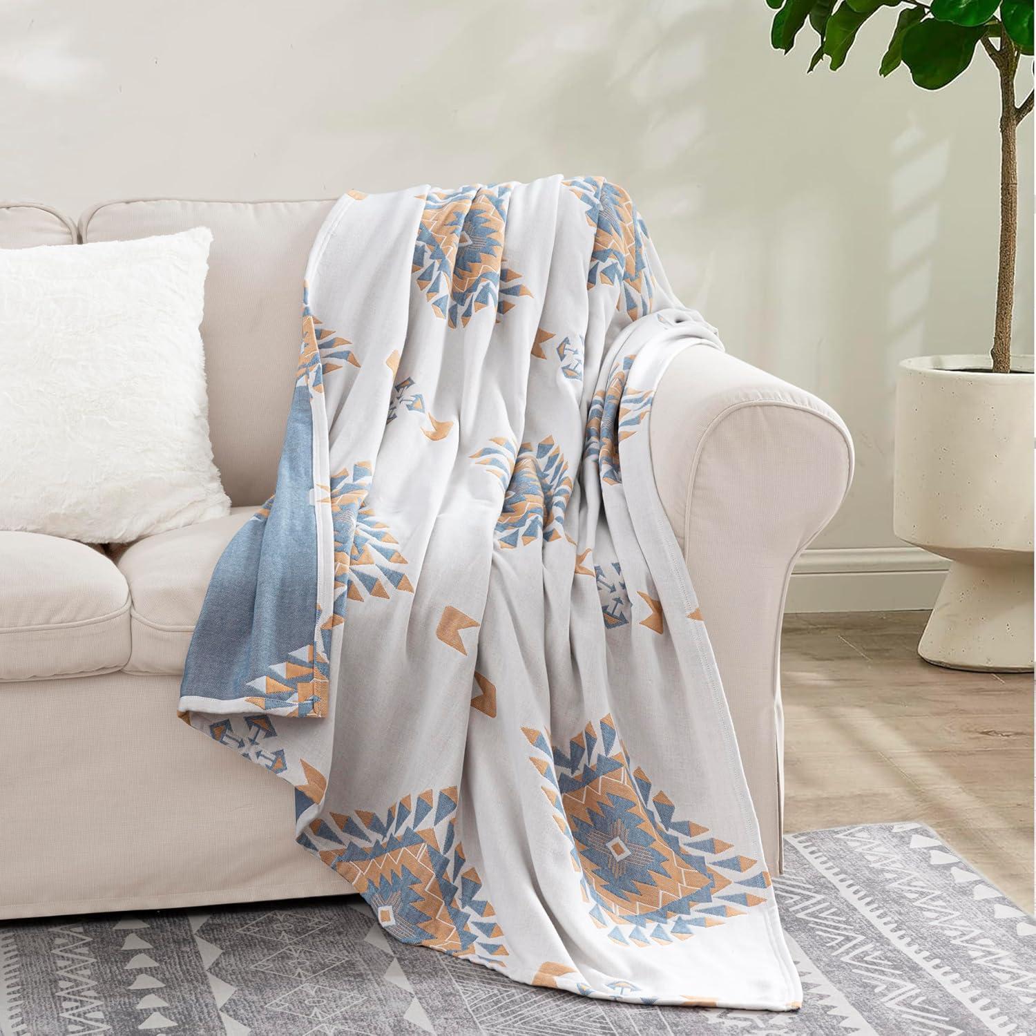 Chezmoi Collection Ezra Jacquard Woven Lightweight 4-Layer Reversible Cotton Thin Blanket