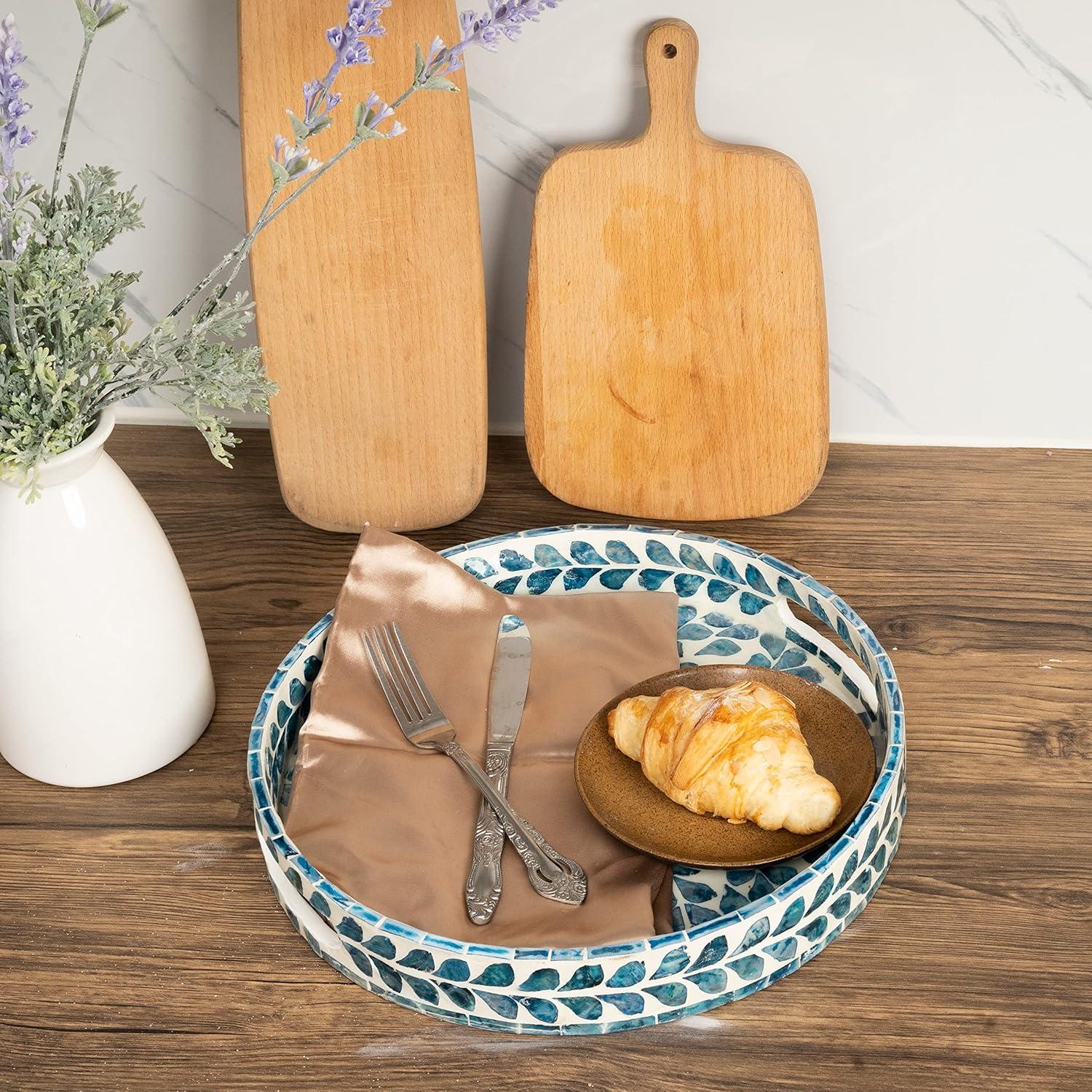 CLAYNIX Serving Tray 12.5 Inch, Lacquer Mother of Pearl Inlay Mosaic Tray, Round Wooden Marble Tray with Handles Trays for Tea, Breakfast (Flower Style)