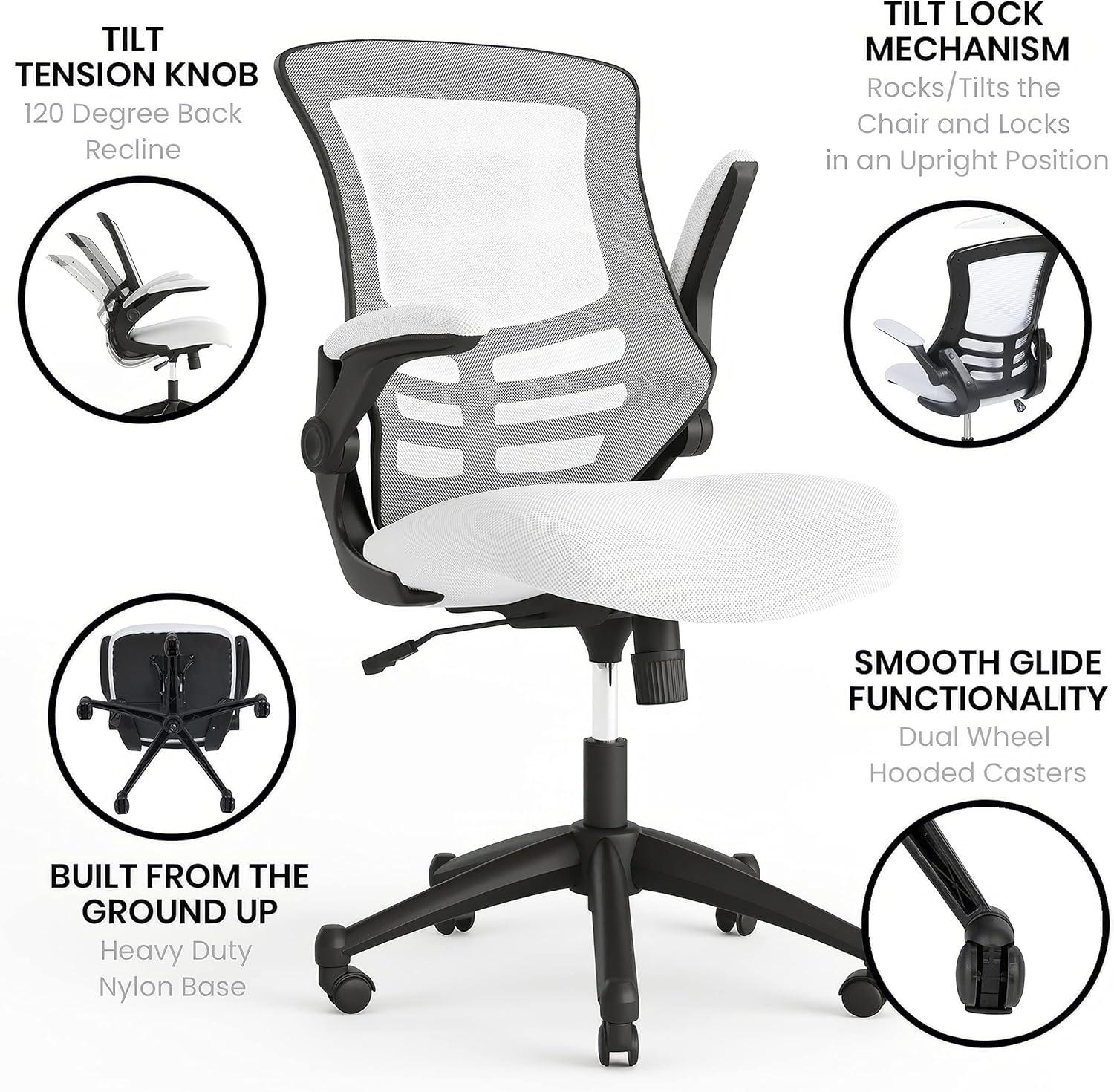 Flash Furniture Kelista Mid-Back White Mesh Swivel Ergonomic Task Office Chair with Flip-Up Arms