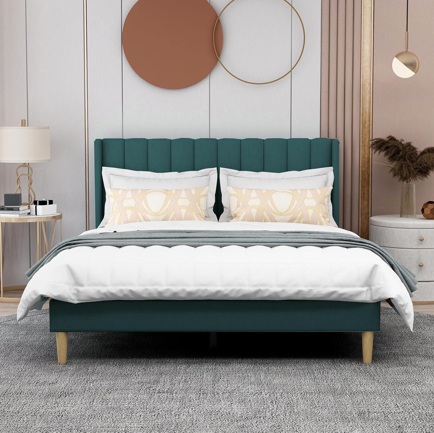 Green Velvet Queen Upholstered Platform Bed with Tufted Headboard