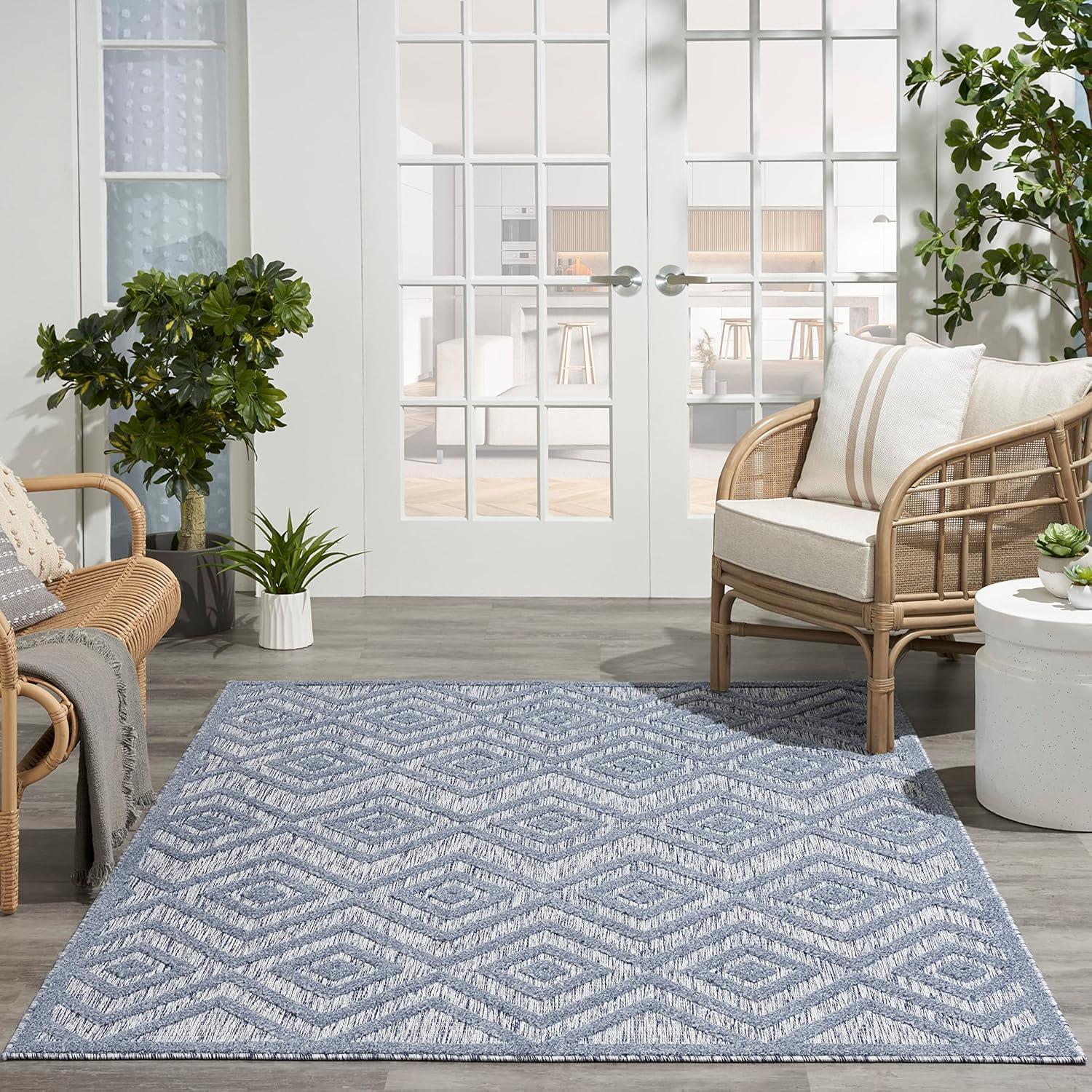 Nourison Versatile Diamond Geometric Flatweave Indoor Outdoor Area Rug Denim Blue 6' x 9'