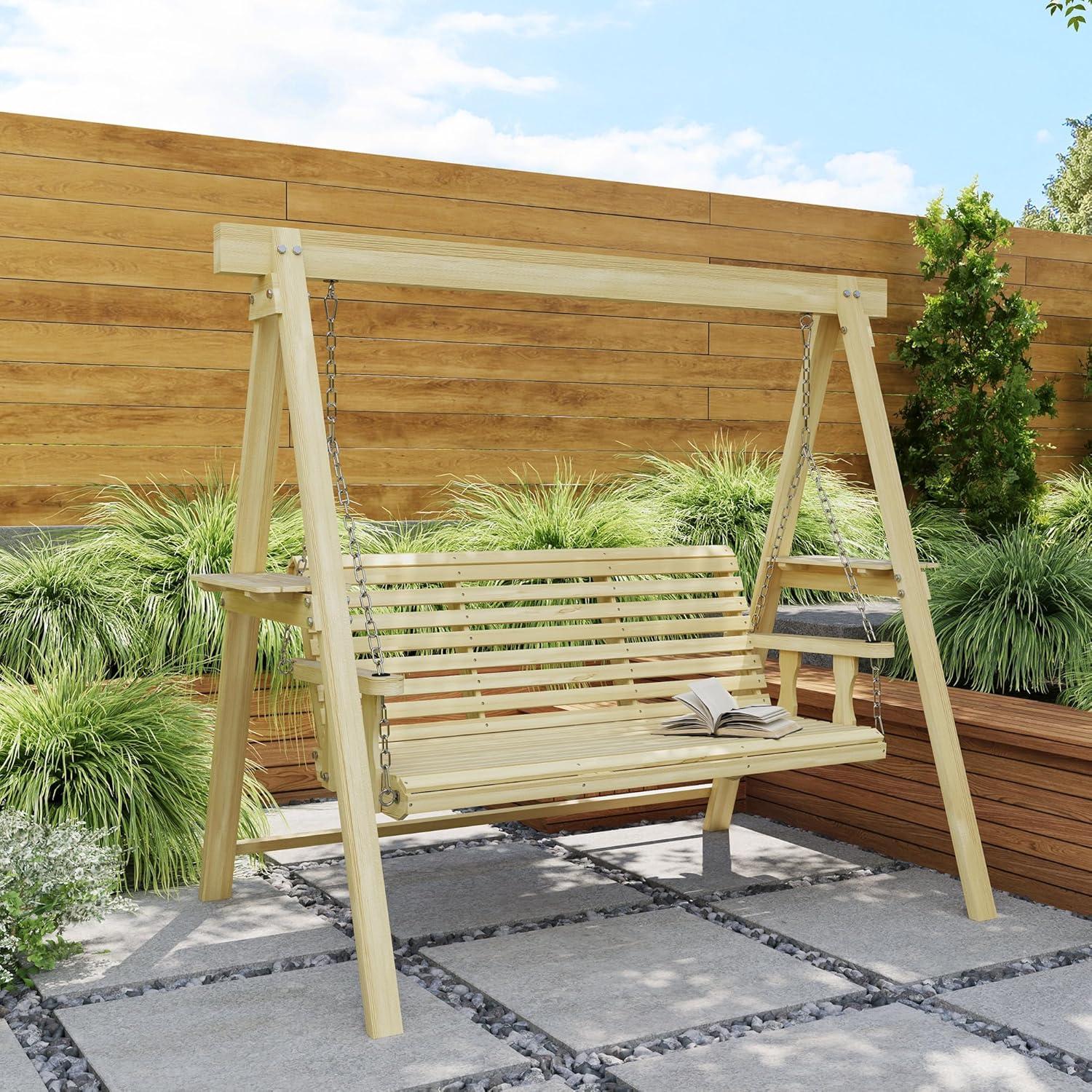Outsunny 3 Seat Wooden Porch Swing with Stand, Patio Swing Chair with Side Tables, Carbonized Brown