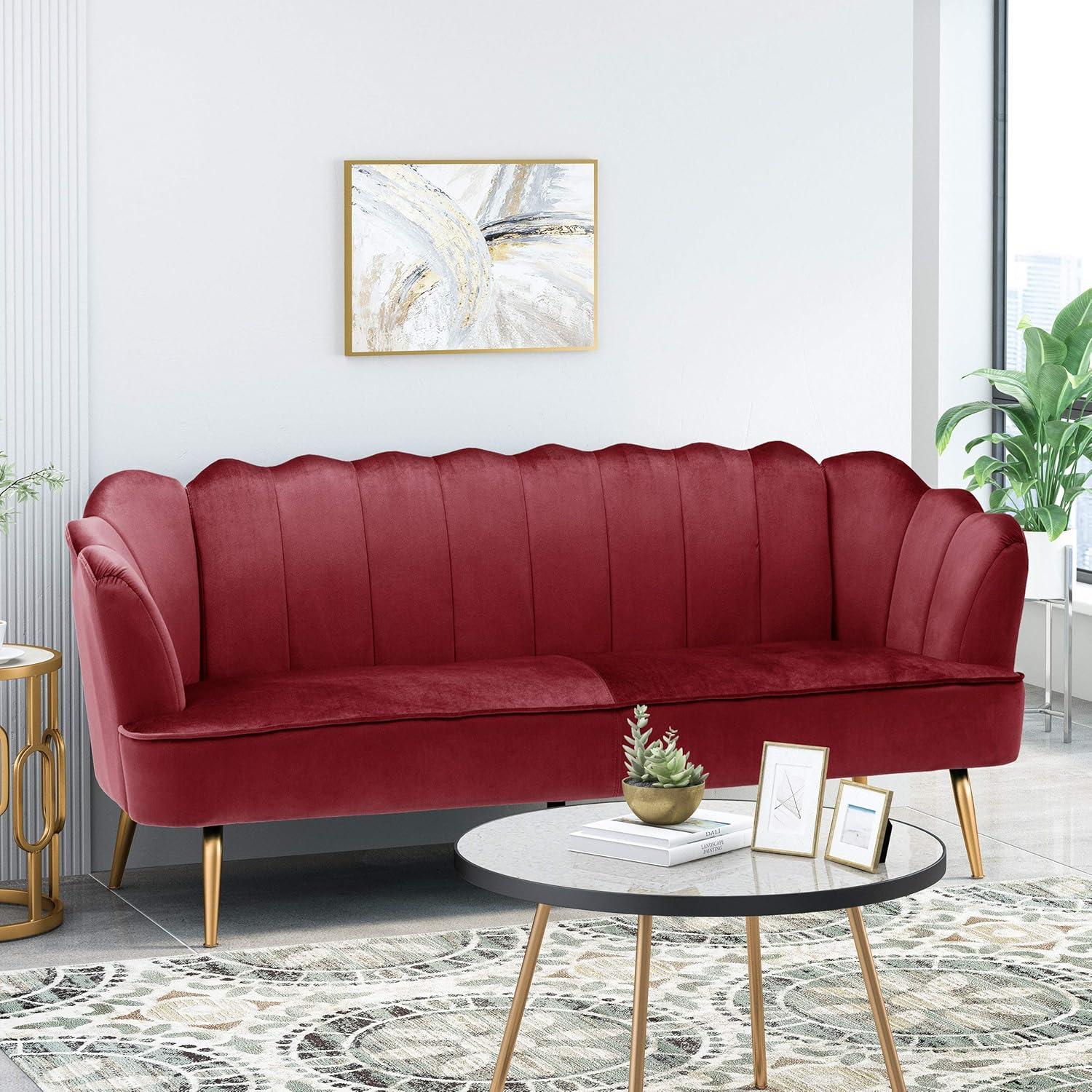 Reitz Modern Glam Velvet Channel Stitch 3 Seater Shell Sofa Blush Pink/Gold - Christopher Knight Home: Durable Iron Legs, Polyester Upholstery