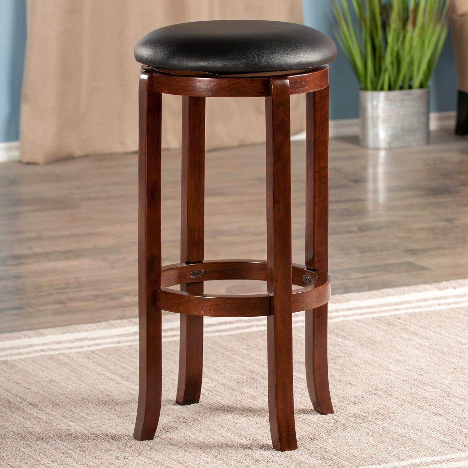 Elegant Transitional 30" Swivel Bar Stool in Walnut & Black Leather