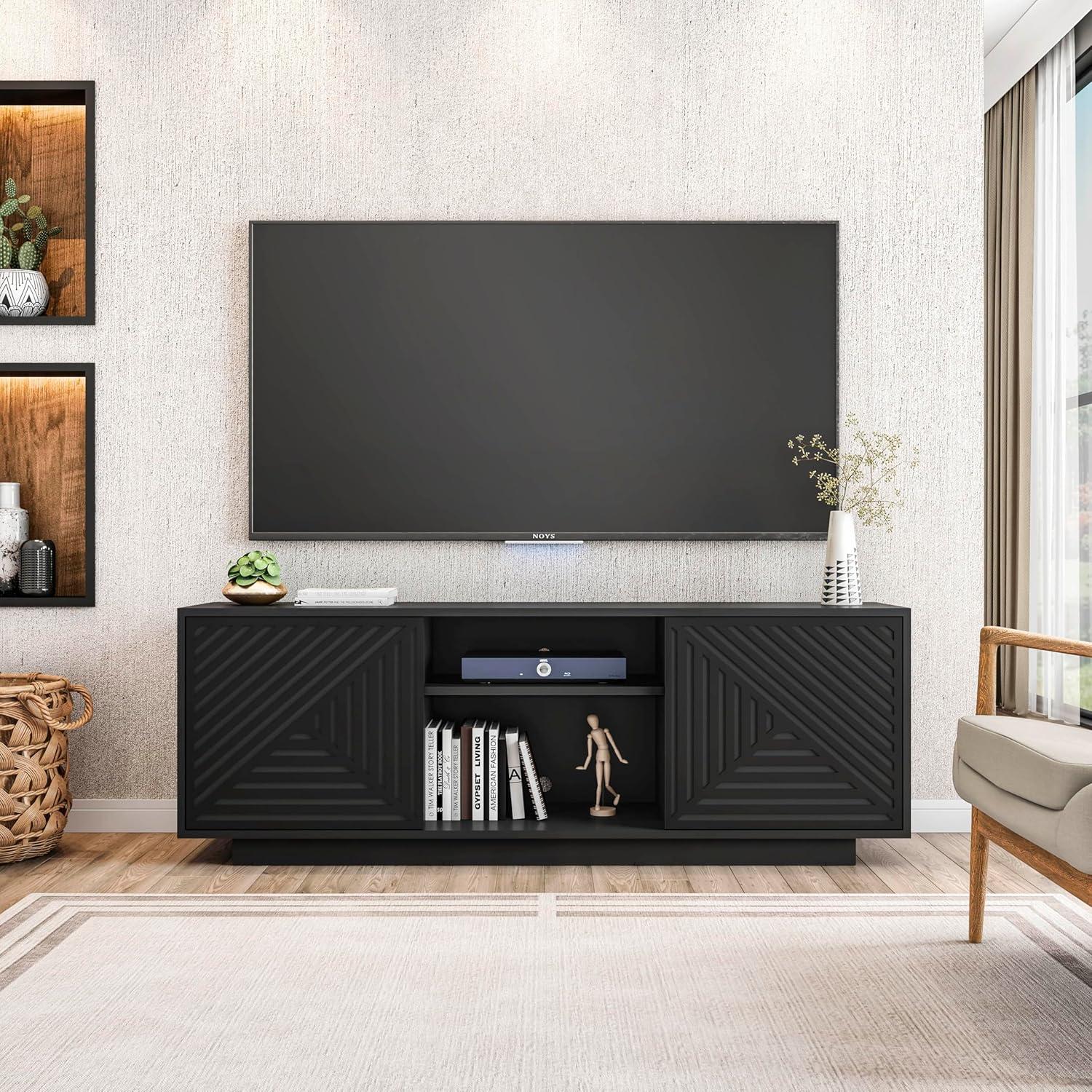 Black Particle Board TV Stand with Chevron Pattern Doors, 63"