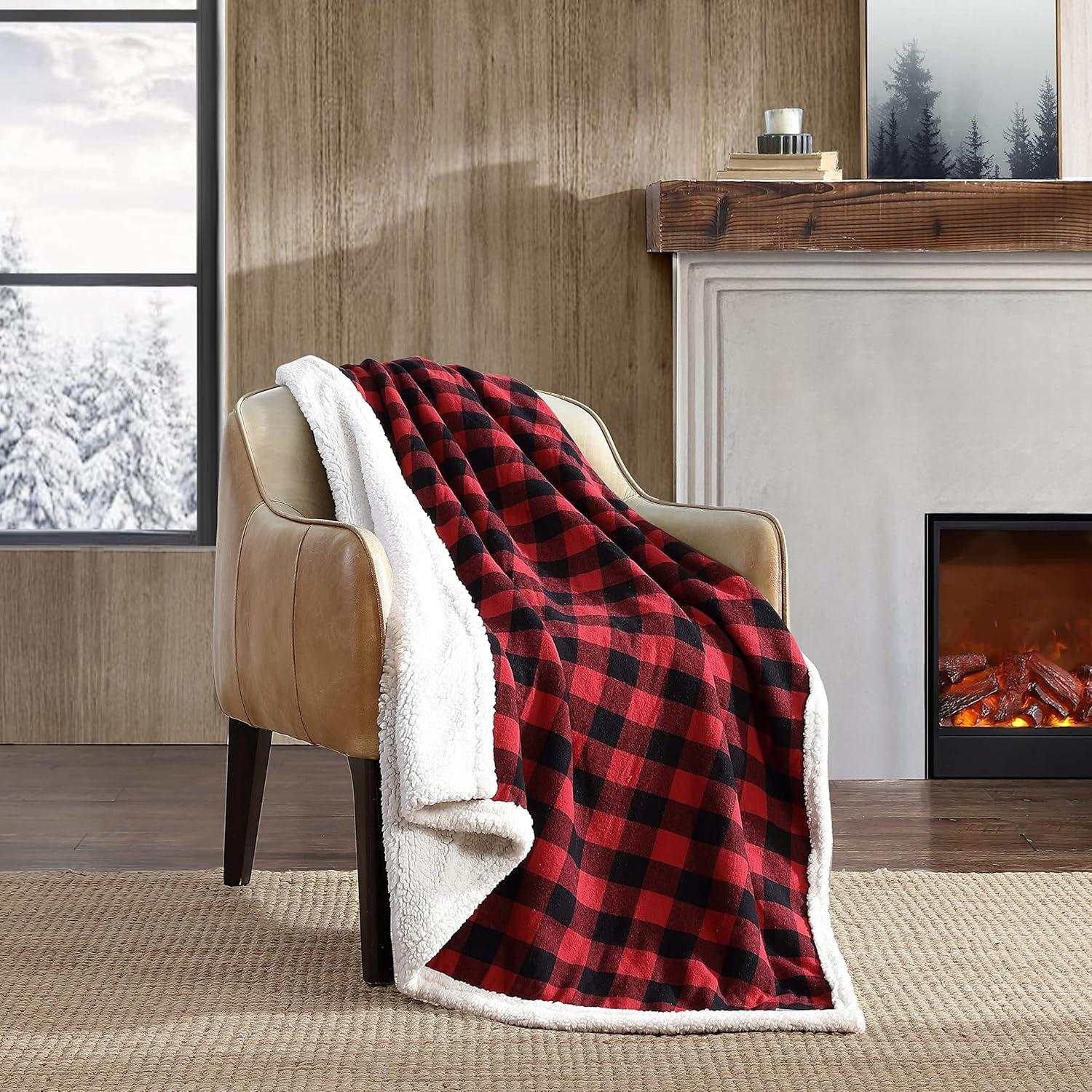 Eddie Bauer Cabin Plaid Black Sherpa 2 Piece Throw Blanket and Pillow Set