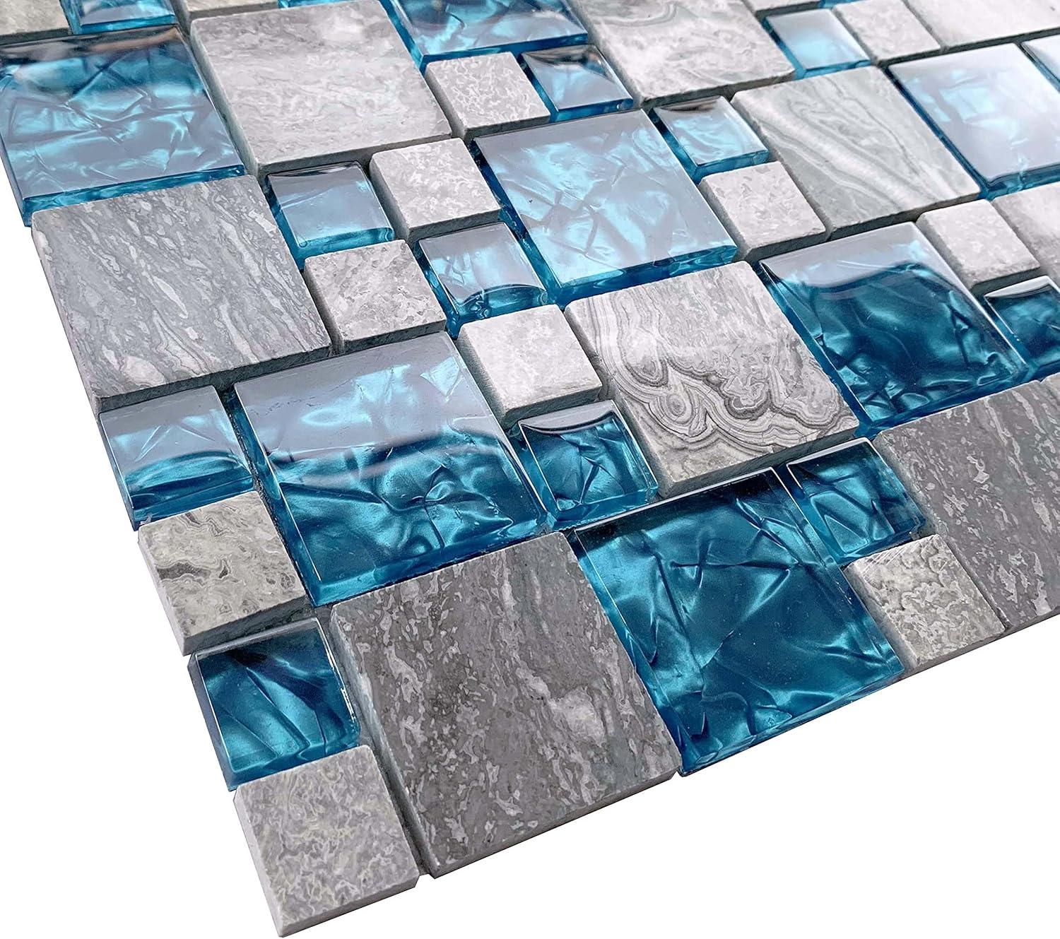 Gray and Teal Blue Polished Marble Glass Mosaic Tile