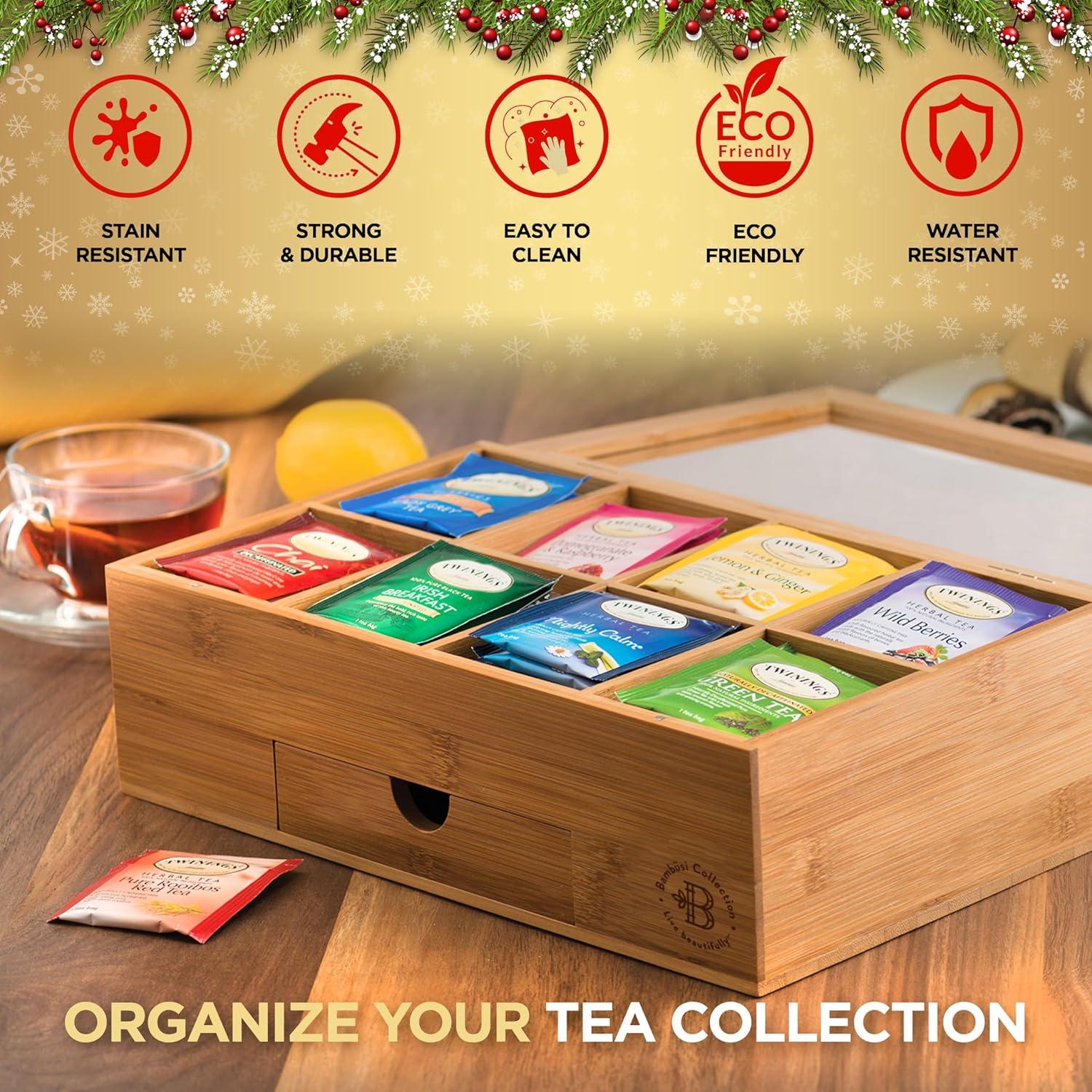 Bamboo Tea Bag Organizer - Tea Organizer: Wooden Tea Box with 8 Compartments, Acrylic Window, and Magnetic Lid, Keeps Tea Bags Fresh - Great Gift Idea