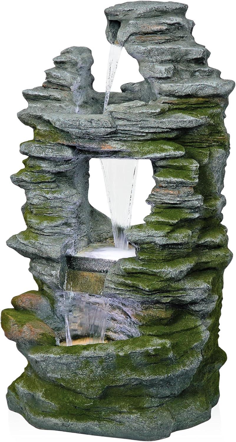 Alpine Corporation 39" Stacked Stone Rainforest Fountain: Polyresin, LED-Lit, Outdoor Decor