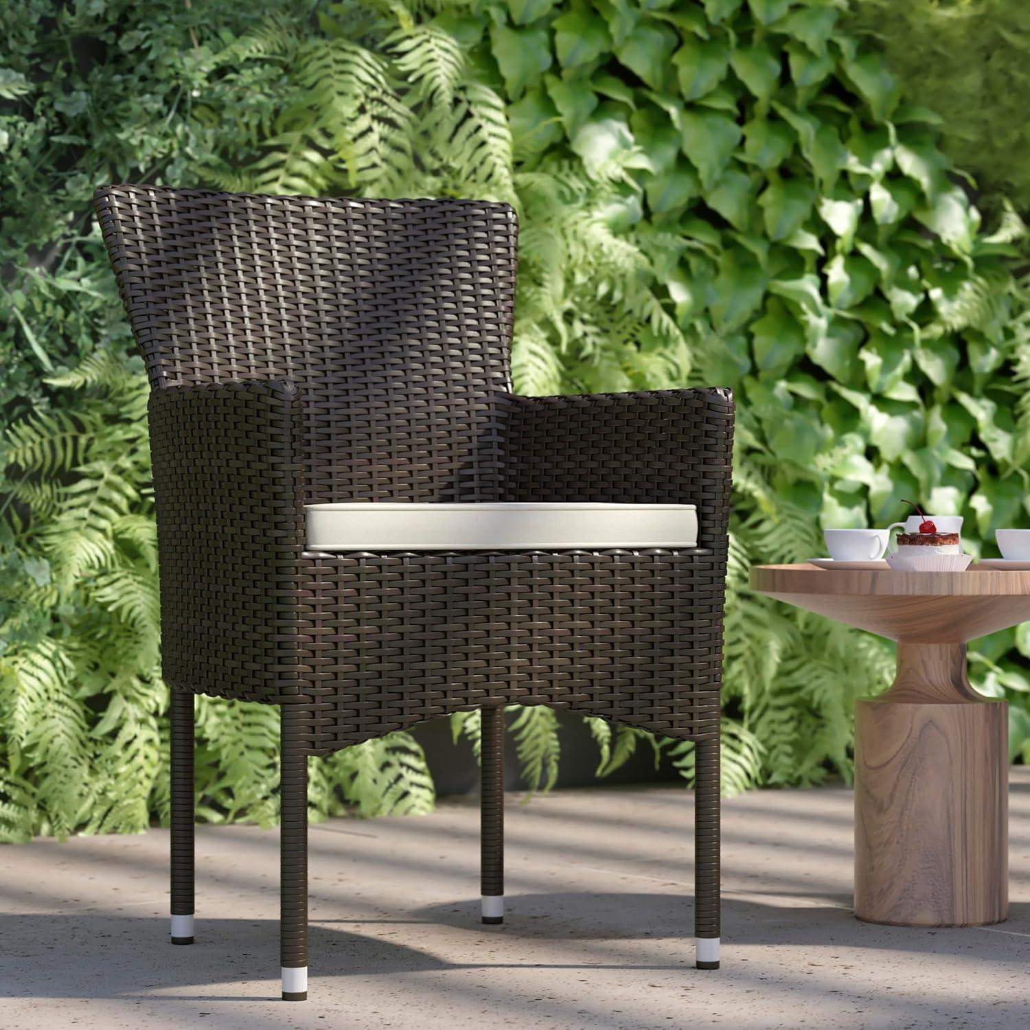 Flash Furniture Maxim Modern Espresso Wicker Patio Armchairs for Deck or Backyard, Fade and Weather-Resistant Frames and Cream Cushions-Set of 2
