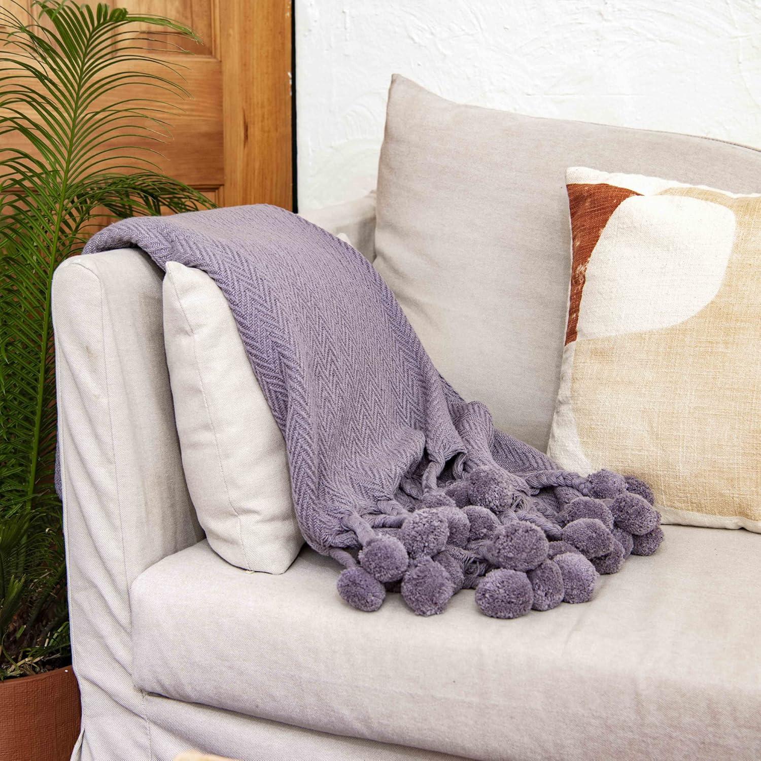 Creative Co-Op Woven Cotton Pom Pom Throw