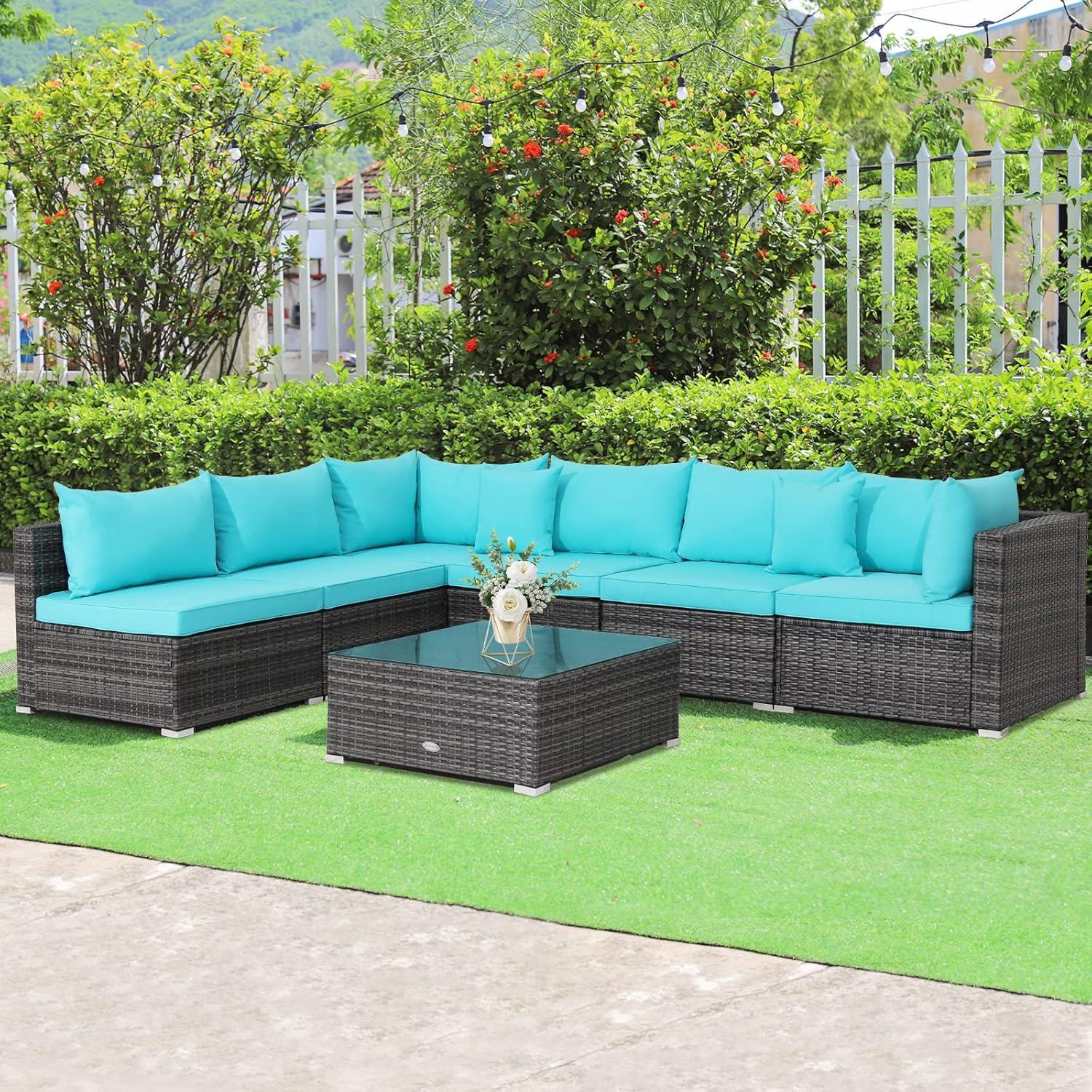 Costway 7PCS Patio Rattan Furniture Set Sectional Sofa Cushioned Turquoise