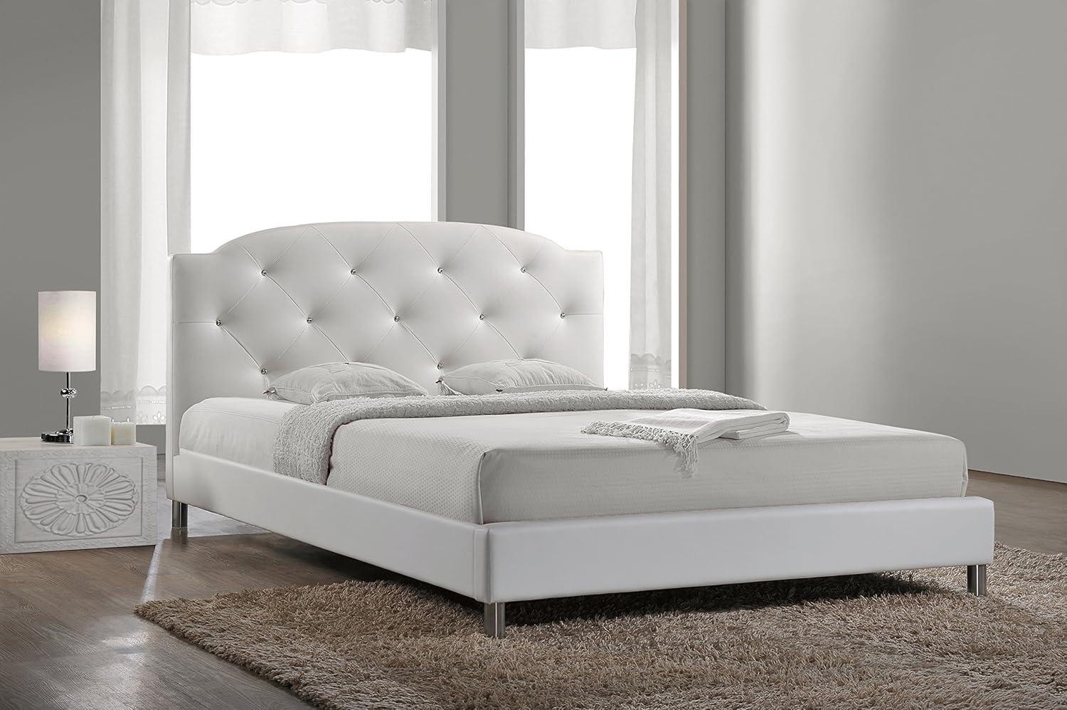 Full Canterbury Leather Contemporary Bed White - Baxton Studio: Crystal Tufted, Chrome Legs, No Box Spring Required