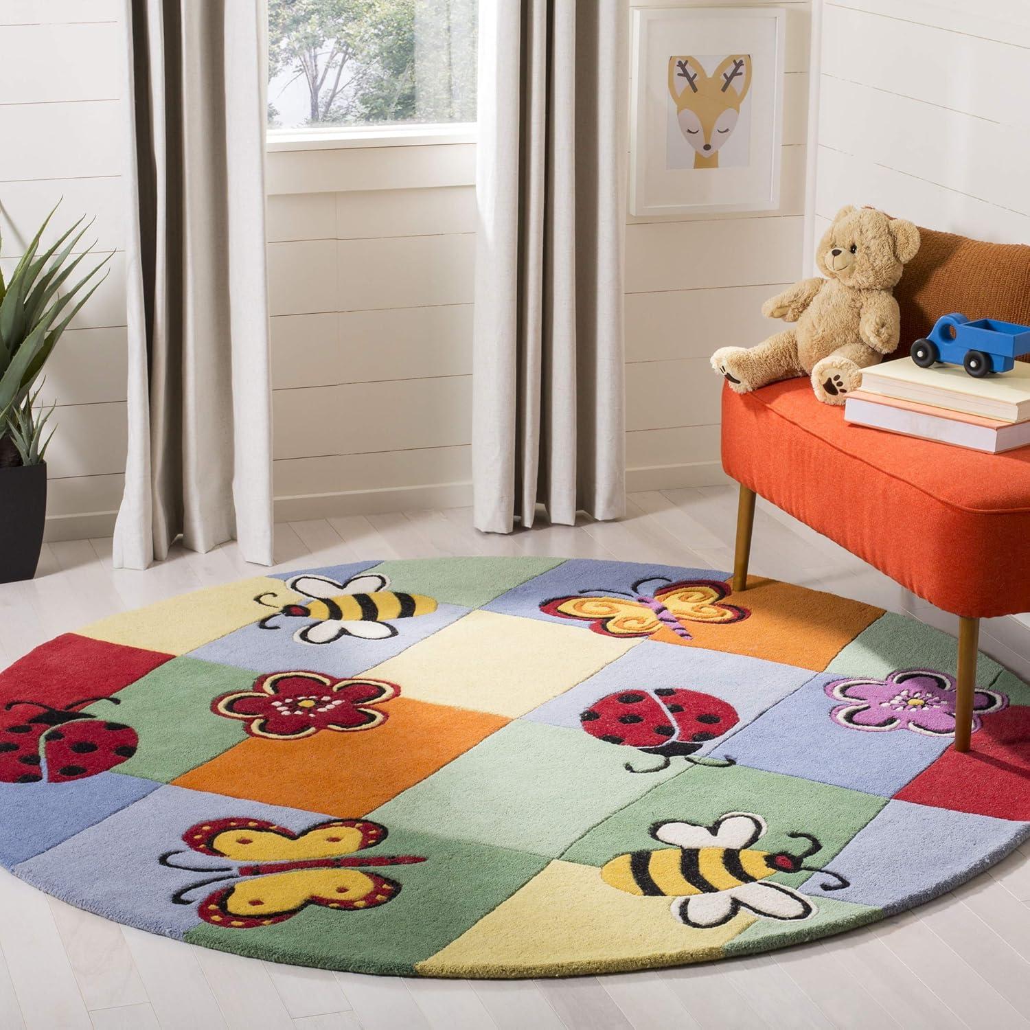 Multicolor Round Hand-Tufted Wool Kids Rug with Critters