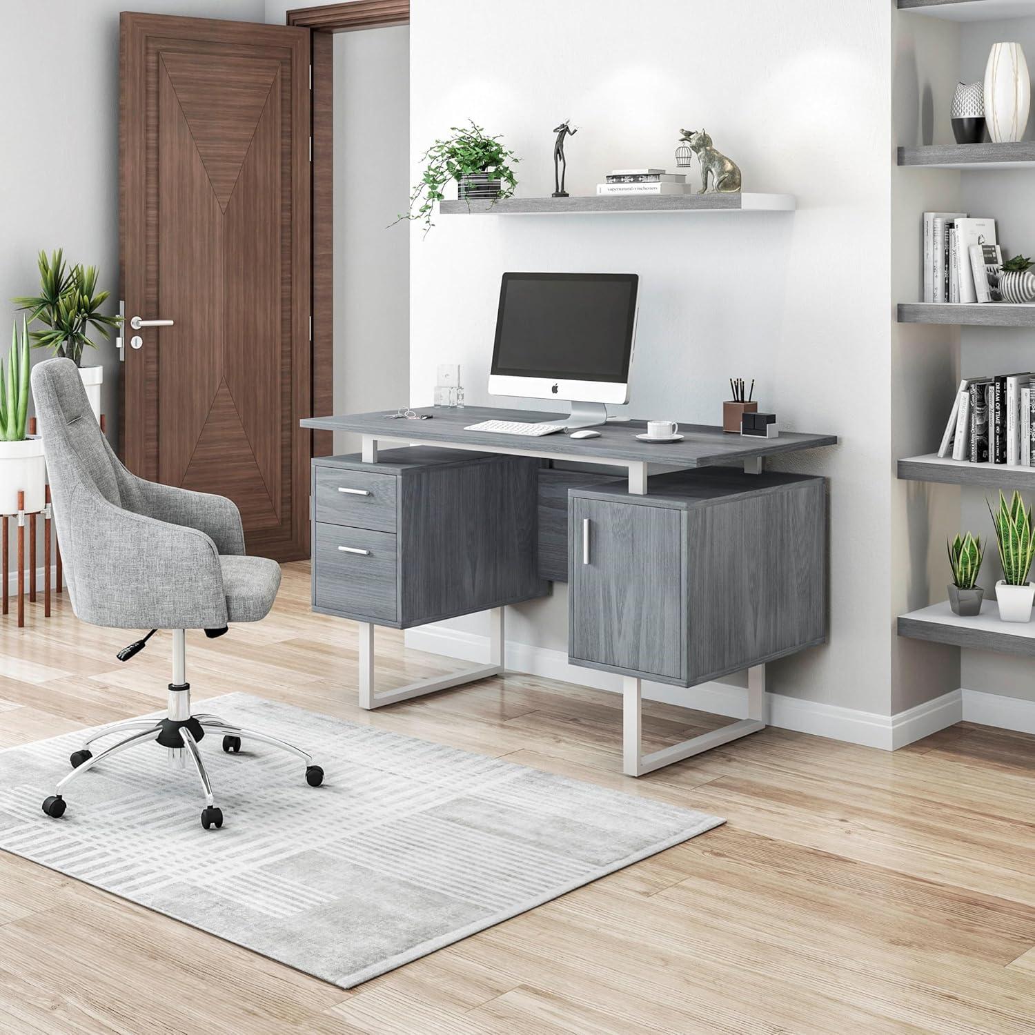 Modern Office Desk with Storage Gray - Techni Mobili: Sleek Metal Legs, File Cabinet, Floating Top