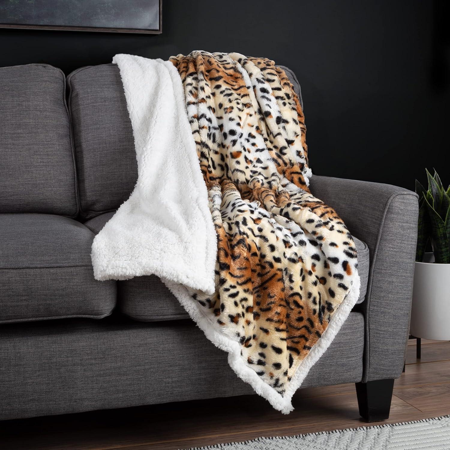 Sherpa Tiger Fleece Throw Blanket - 50x60-Inch Machine-Washable Reversible Throw - Fluffy Blankets for Couch, Chair, or Bed by Lavish Home