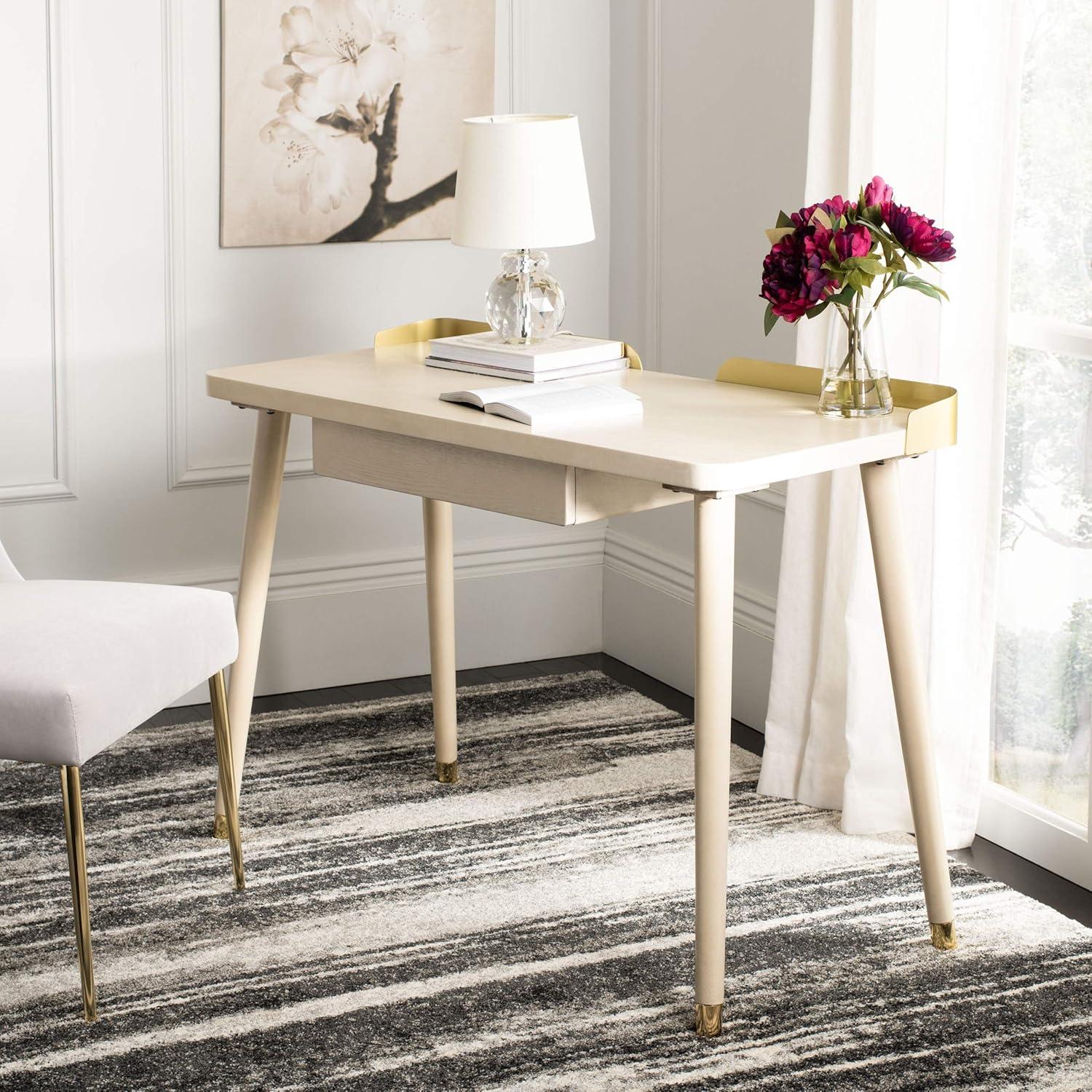 Transitional White Washed and Gold Home Office Desk with Drawer