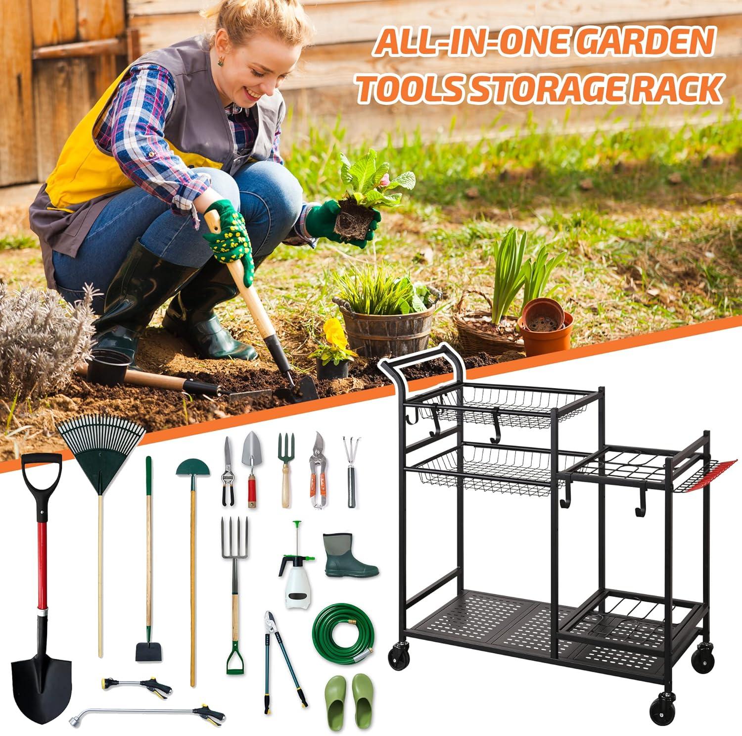 Textiles Hub Garden Tool Organizer With Wheels, Garden Tool Rack, Yard Tool Holder For Rakes, Shovel, Fertilizer, Garden Tool Storage For Garage, Shed, Outdoor