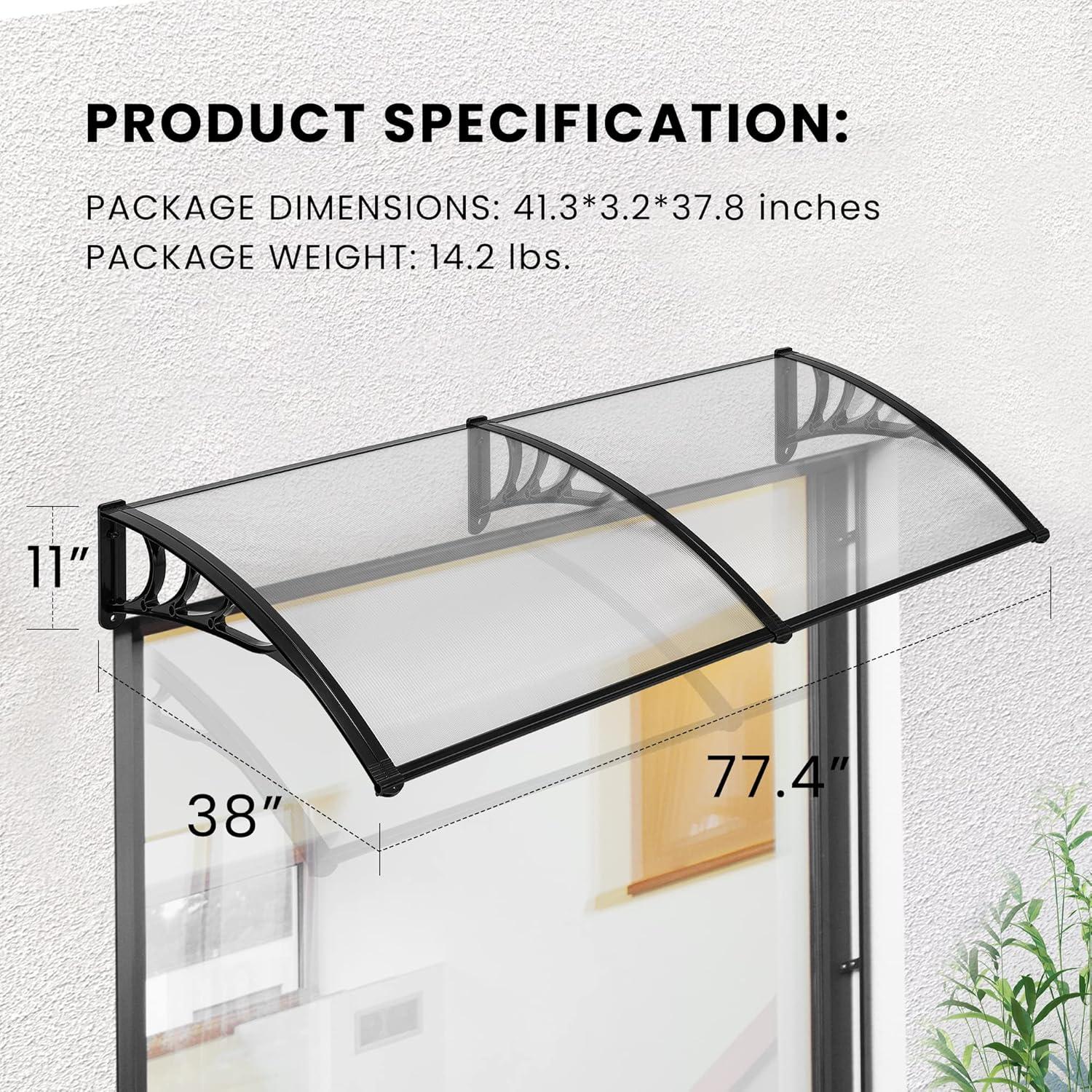 40" x 80" Transparent Polycarbonate Window Door Awning with Black Bracket