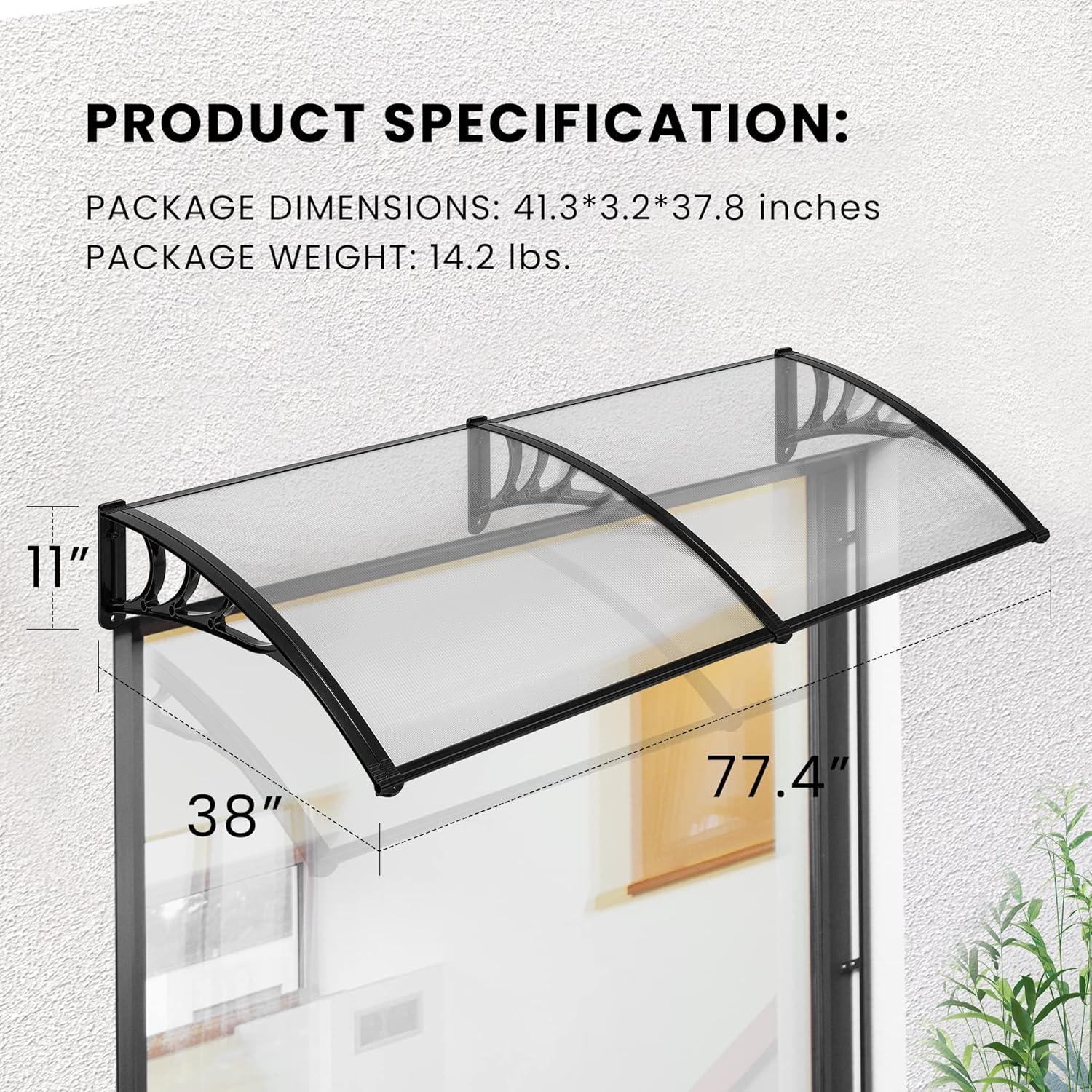 SPECSTAR Polycarbonate Window Door Awning Spliced Canopy Transparent with Black Bracket 40 Inch x 80 Inch