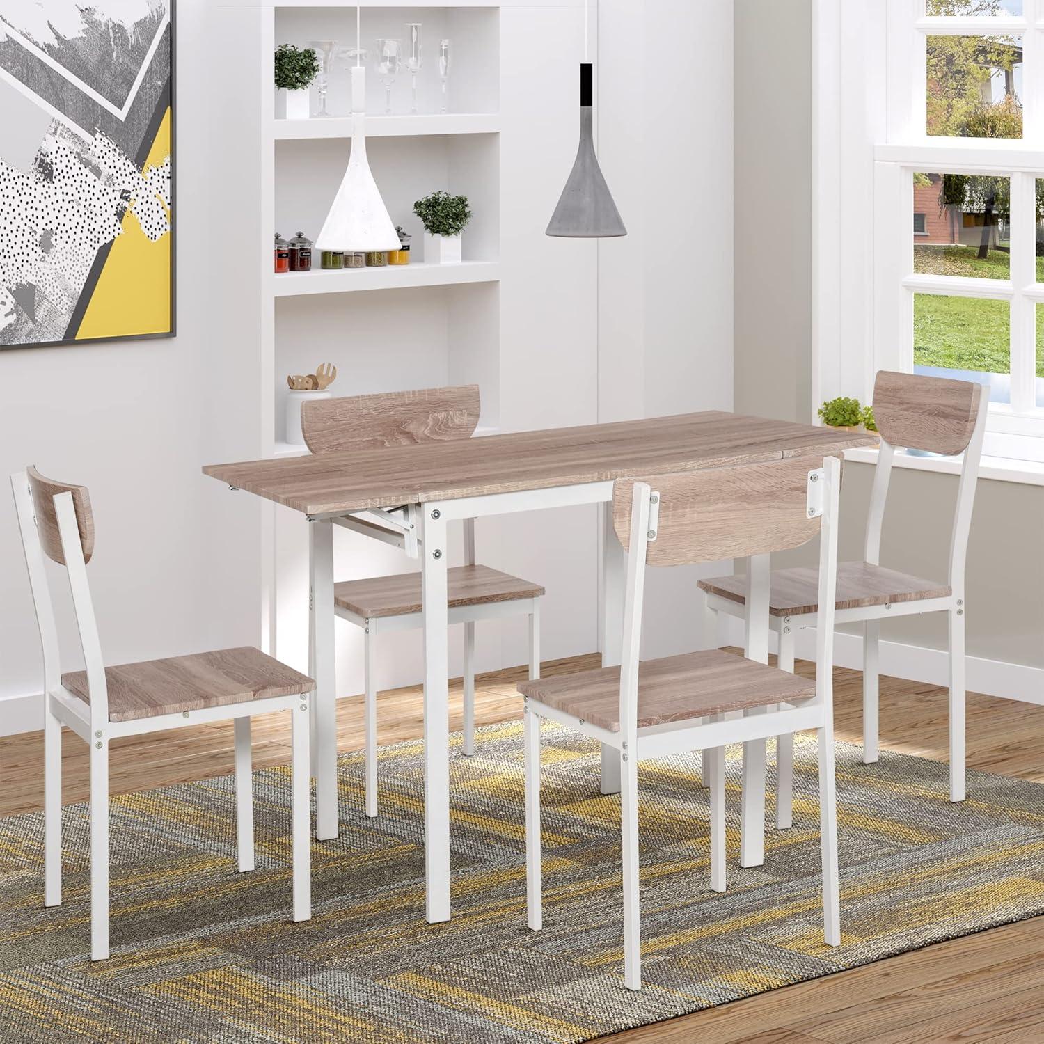 HomCom Modern 5-Piece Dining Table Set for 4 with Foldable Drop Leaf, 4 Chairs, and Metal Frame for Small Spaces, White
