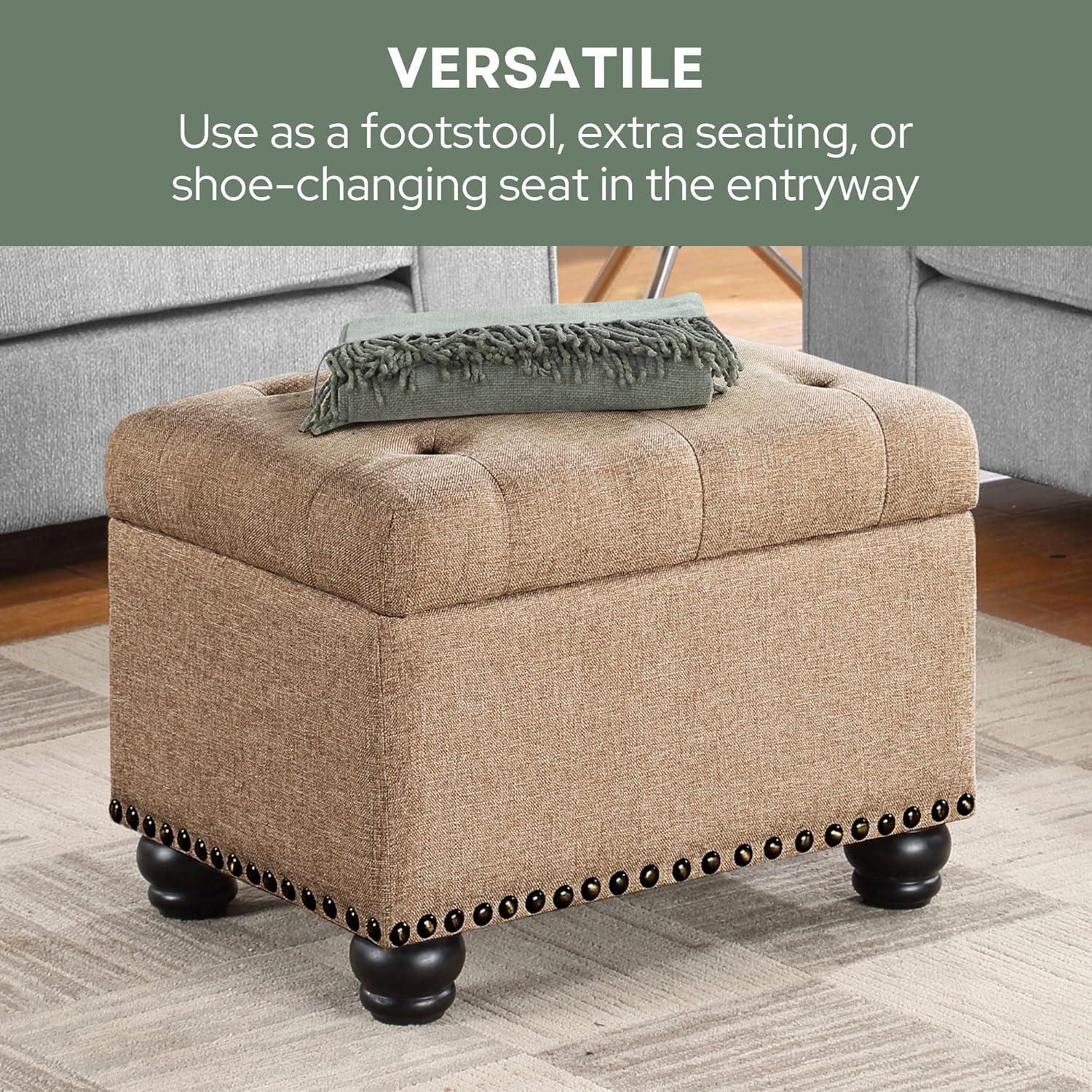 Designs4Comfort 5th Avenue Storage Ottoman in Beige Tan Fabric & Nail Head Trim