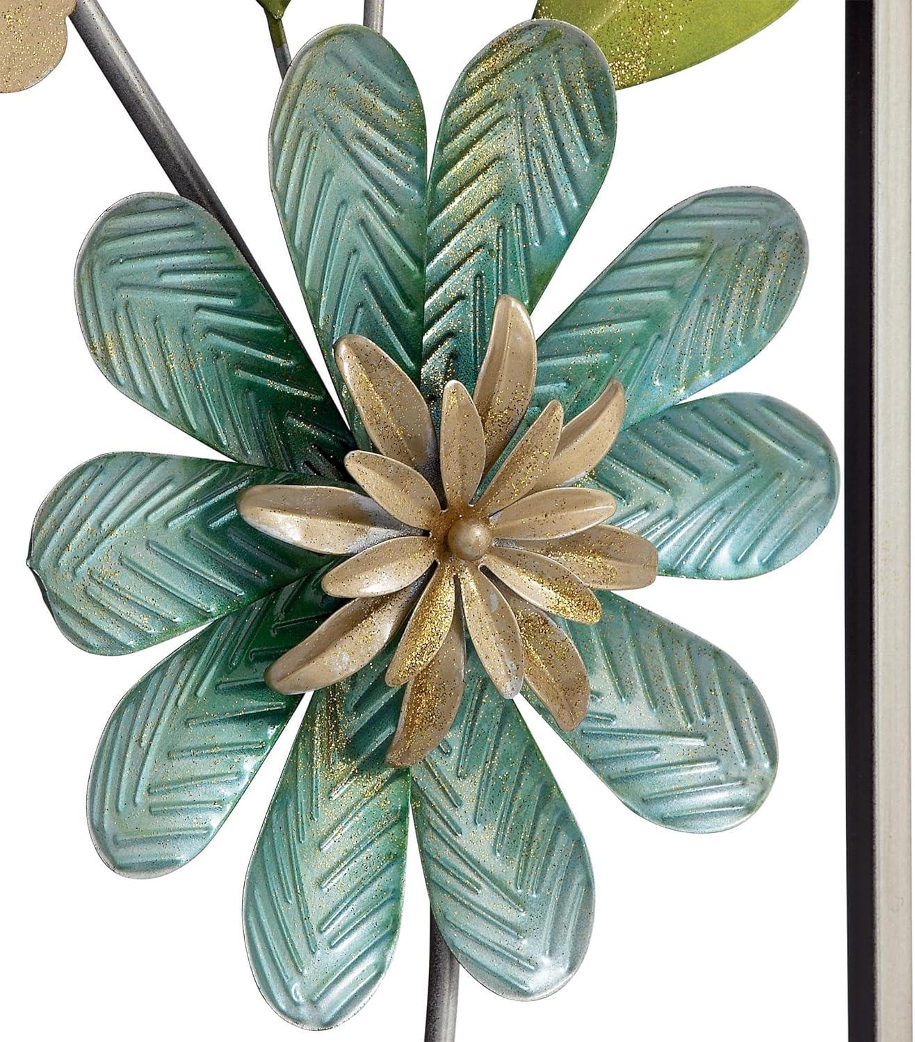 Green/Blue Metal Floral Wall Decor with Gold Frame 12"W, 35"H