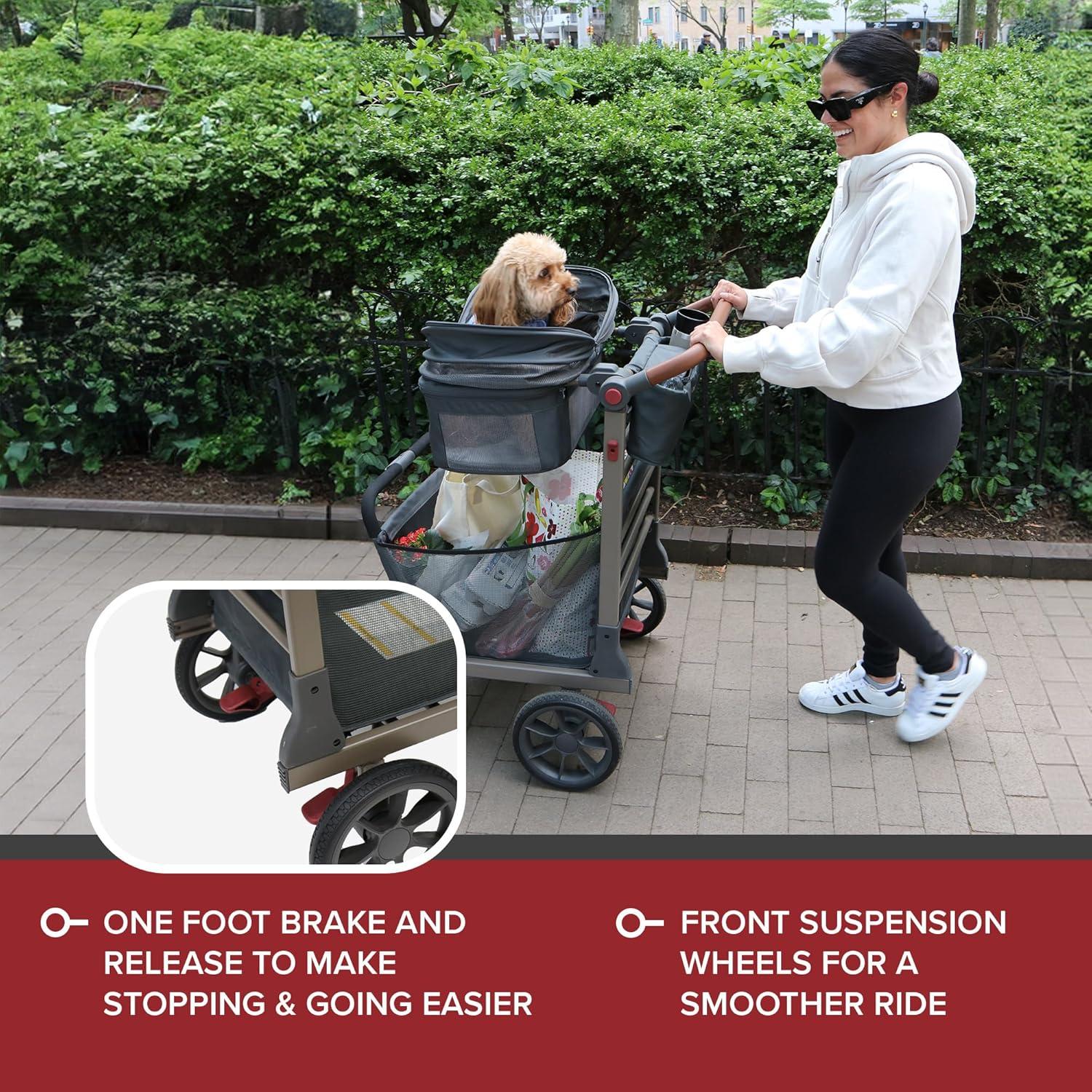 Wadabuggy Premium Pet Stroller, Cart, Pet Caddy, Compact Fold, Large Basket, 2 Drink Holders, Zipper Pocket, Adult, Gray