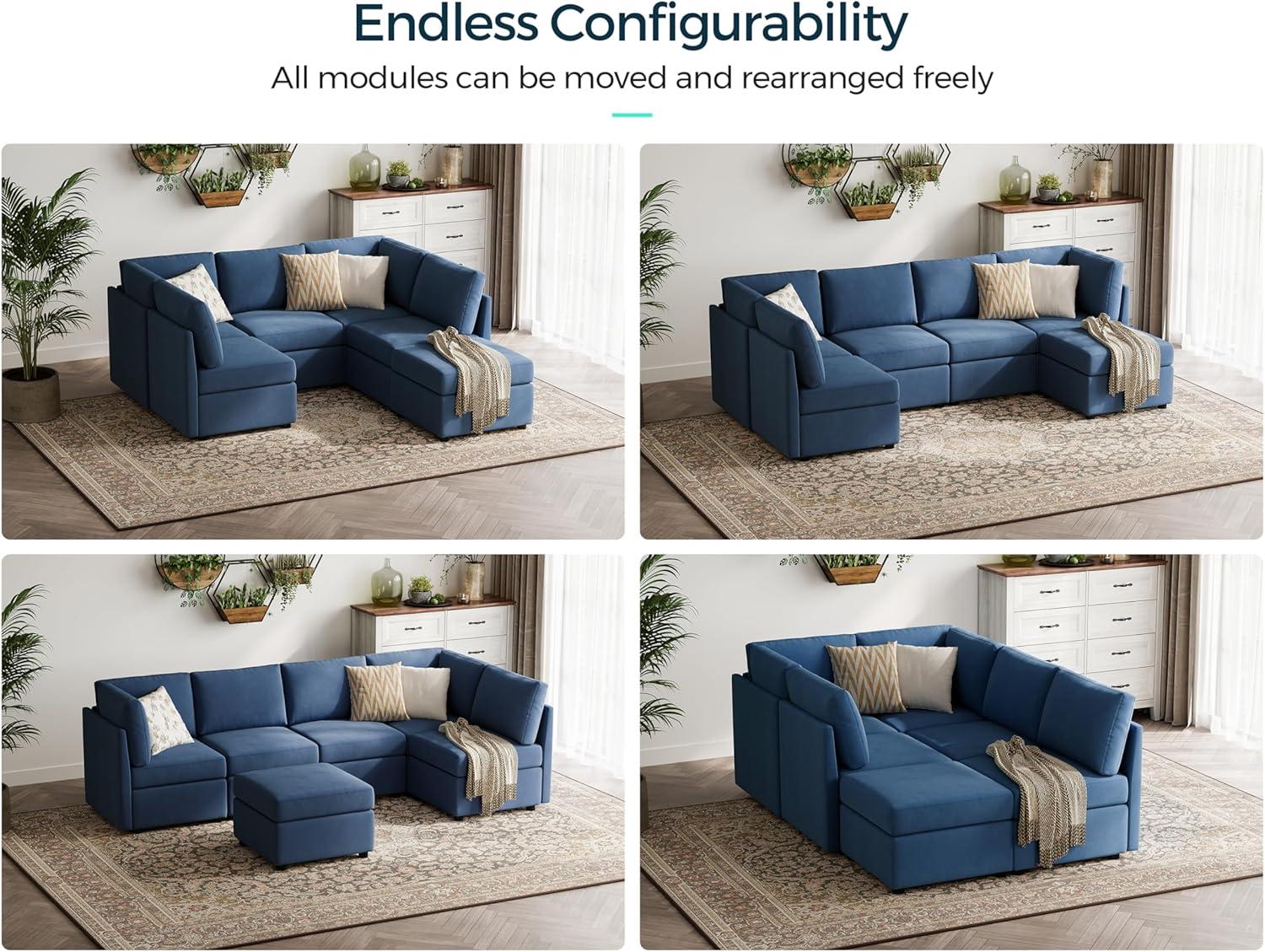 Linsy Home Oversized Modular Couch, Sectional Sofa with Storage Ottomans, Couch with Reversible Chaises, Blue