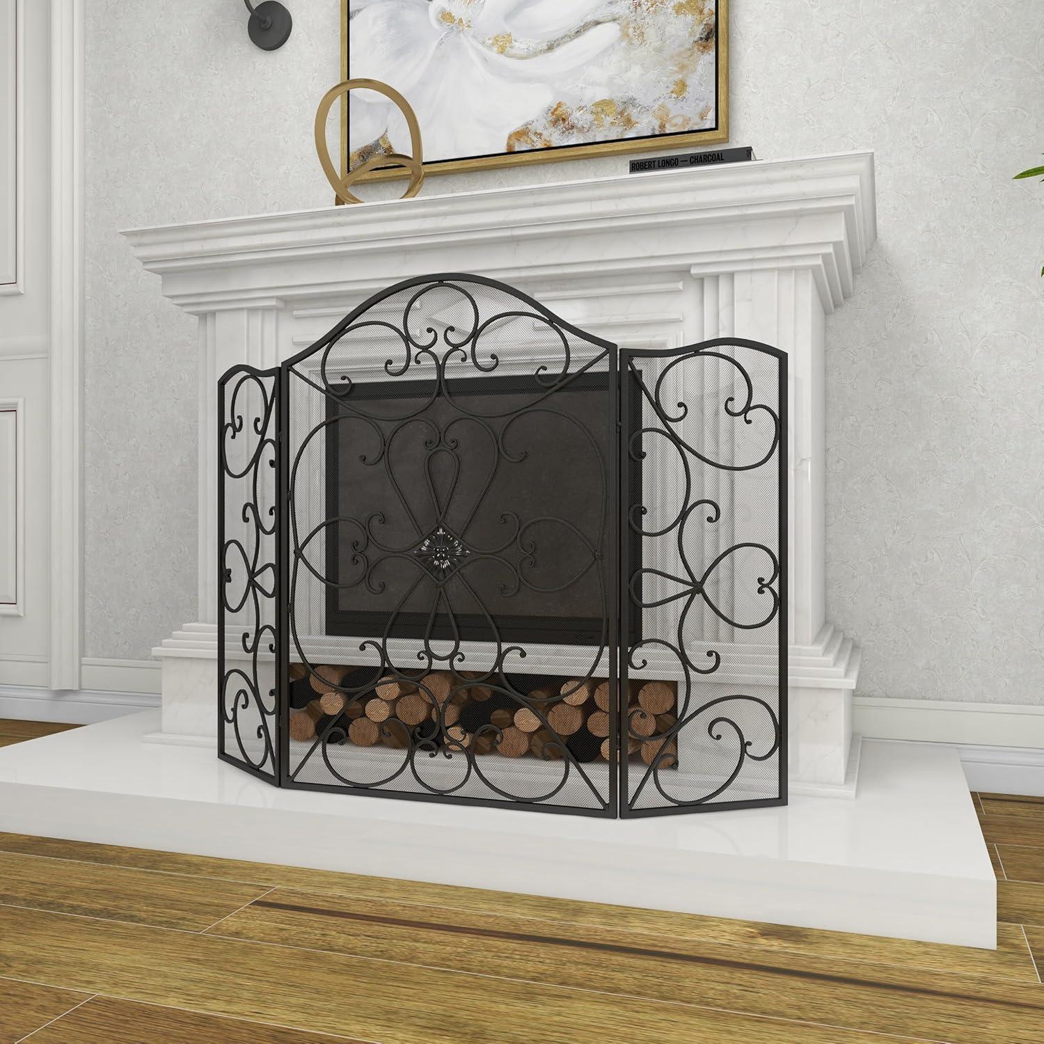 DecMode 49" x 36" Black Metal Foldable 3 Panel Scroll Fireplace Screen with Mesh Netting, 1-Piece